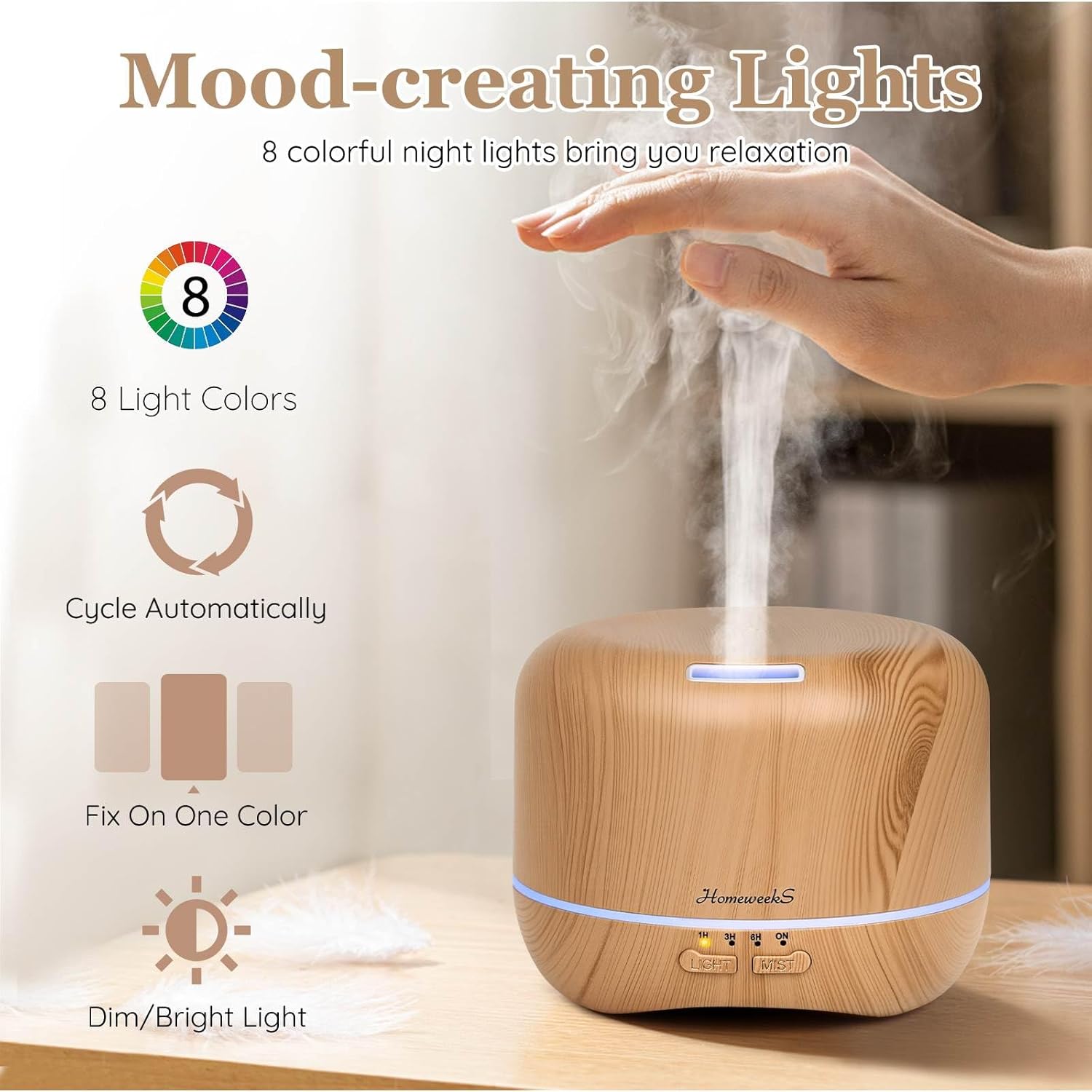 Homeweeks 300ml Essential Oil Diffuser, Quiet Aromatherapy Mist Diffusers for Essential Oils, Wood Grain, Ultrasonic, Remote Control, Timer, 7 Colors Light for Bedroom (300ml Yellow Wood Grain)