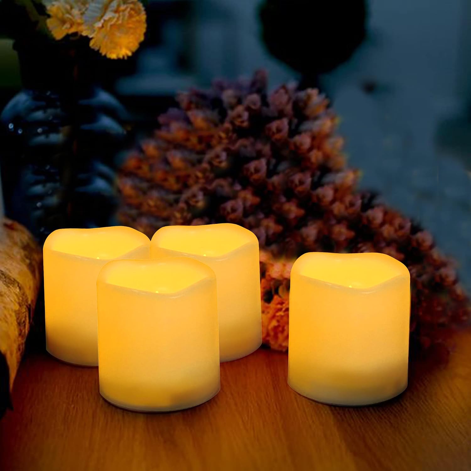 3”X3” 4 Pack Outdoor Flameless Candles Battery Operated LED Waterproof Pillar Candles with Remote Timer Electric Flickering LED Lights for Christmas, Halloween, Wedding, Home, Garden Decorations