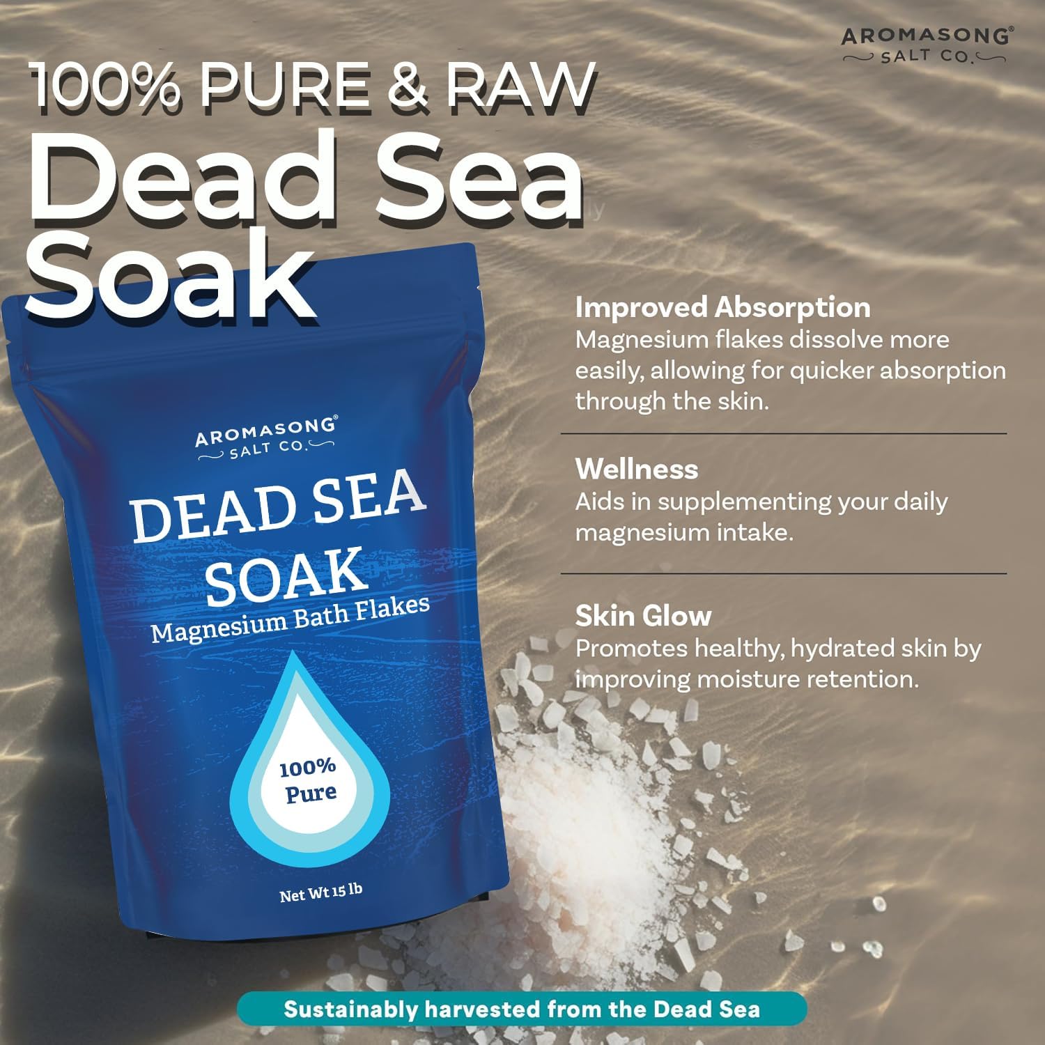 Aromasong Magnesium Flakes, 15lb – Dead Sea Bath & Foot Soak – Superior Alternative to Epsom Salt with 27,360 Mg of Magnesium Per Bath, Bulk Pack