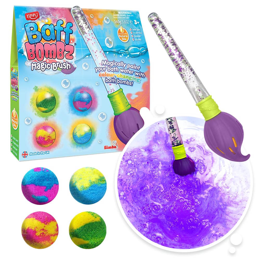 Baff Bombz Magic Brush, 4 x Bath Bombs, Magically Paint Your Bath Water, Creative Bath Toy for Children, Birthday Gifts for Boys & Girls, Pocket Money Toy, Moisturising Bath Fizzers