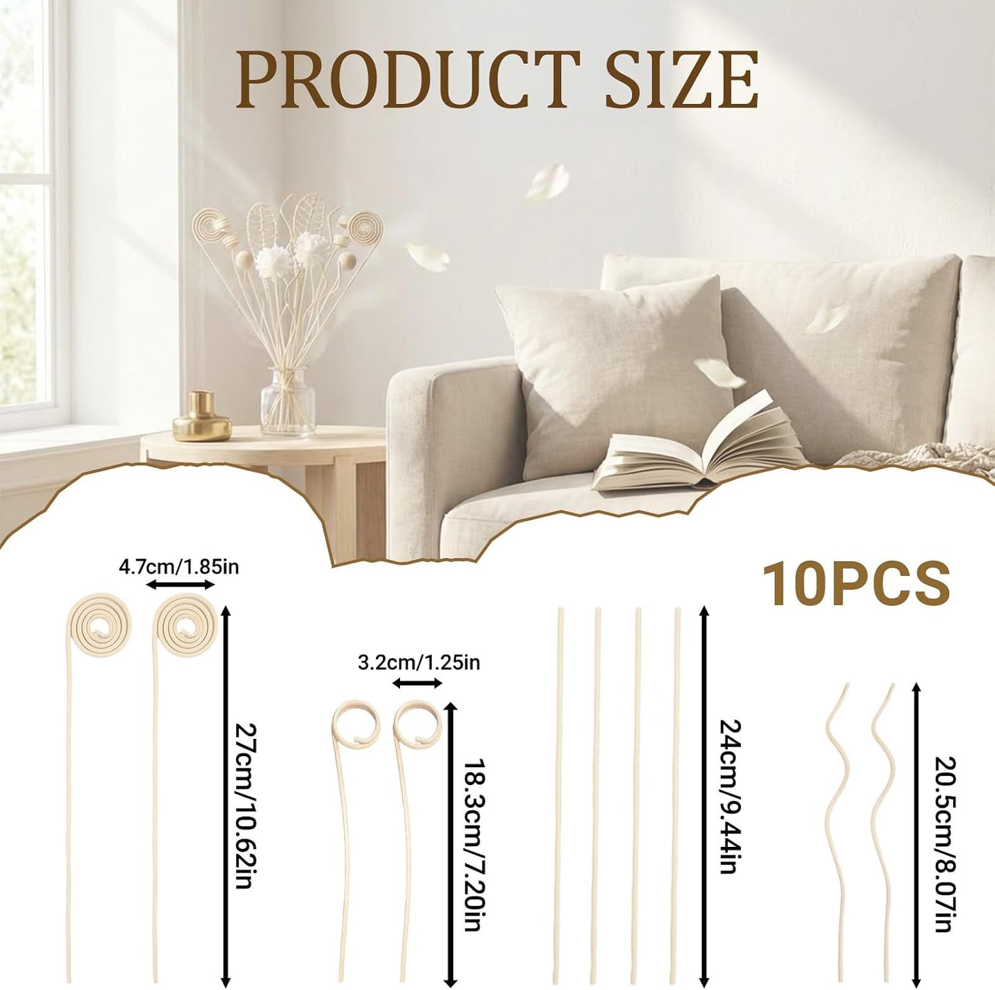 10PCS Reed Diffuser Sticks - Rattan Reed Diffuser Sticks Natural Rattan Wood Essential Oil Diffuser Sticks, Keep Fragrance Scent for Home, Living Room, Bathroom, Bedroom, Office, Decor