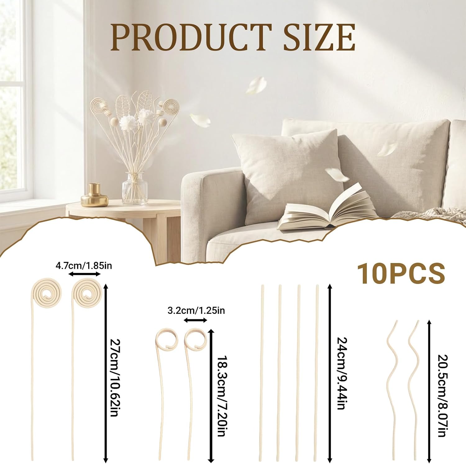 10PCS Reed Diffuser Sticks - Rattan Reed Diffuser Sticks Natural Rattan Wood Essential Oil Diffuser Sticks, Keep Fragrance Scent for Home, Living Room, Bathroom, Bedroom, Office, Decor