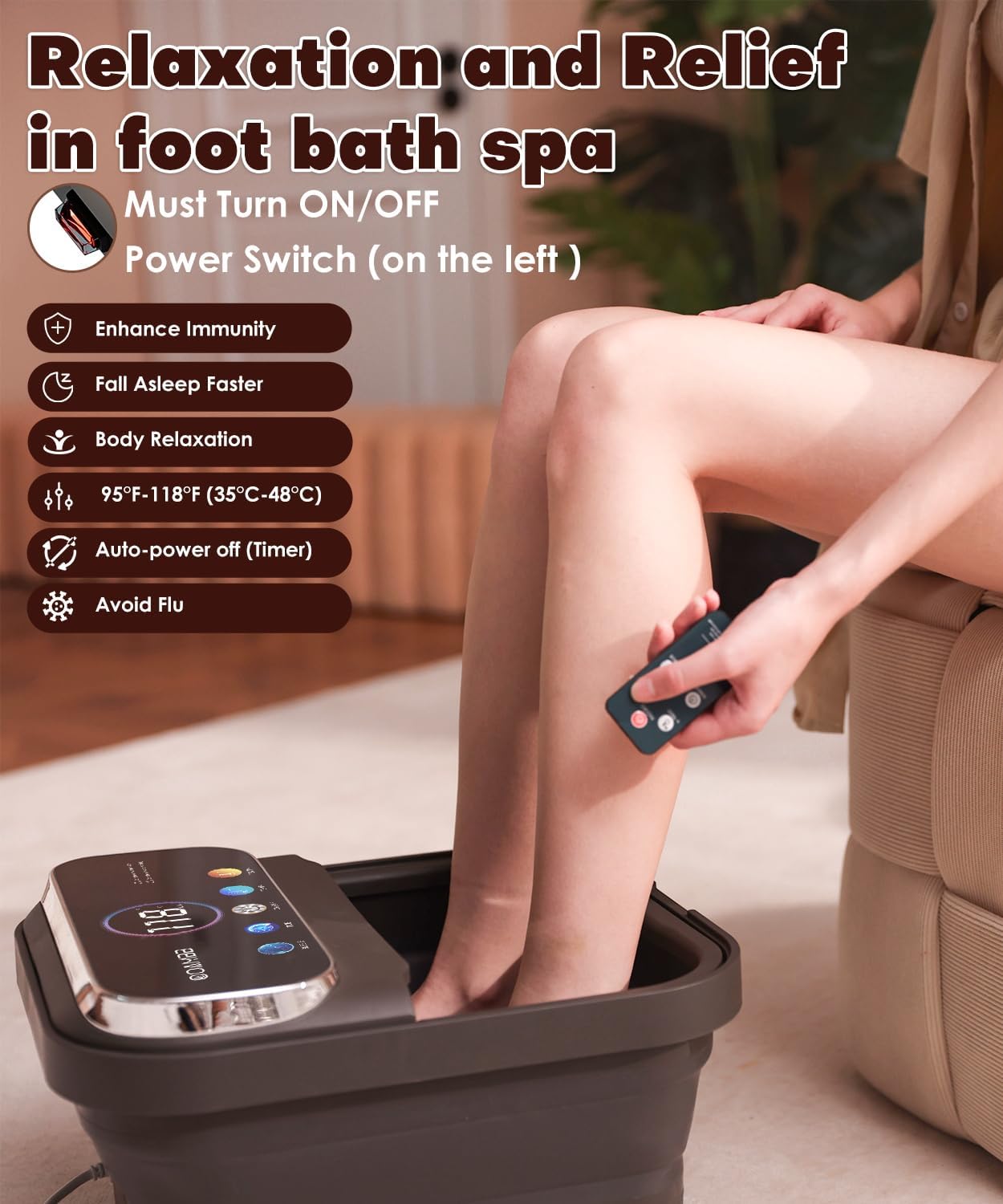 OOAMBB Collapsible Foot Spa with Heat, Bubble,Temp Control,Remote Control, Color Touch Screen Foot Bath Massager with 6 Massage Rollers,Foot Soaking Tub,Pedicure Foot spa for Stress Relief (Deep Grey)