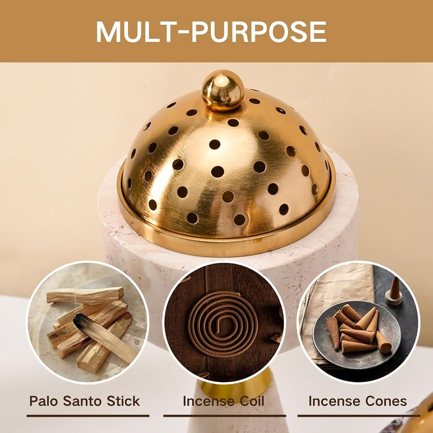 Marble Incense Burner with Brass Cover, 11 x 3.8 inches, Multi-Purpose Holder for Cones, Coils and Sticks (White)