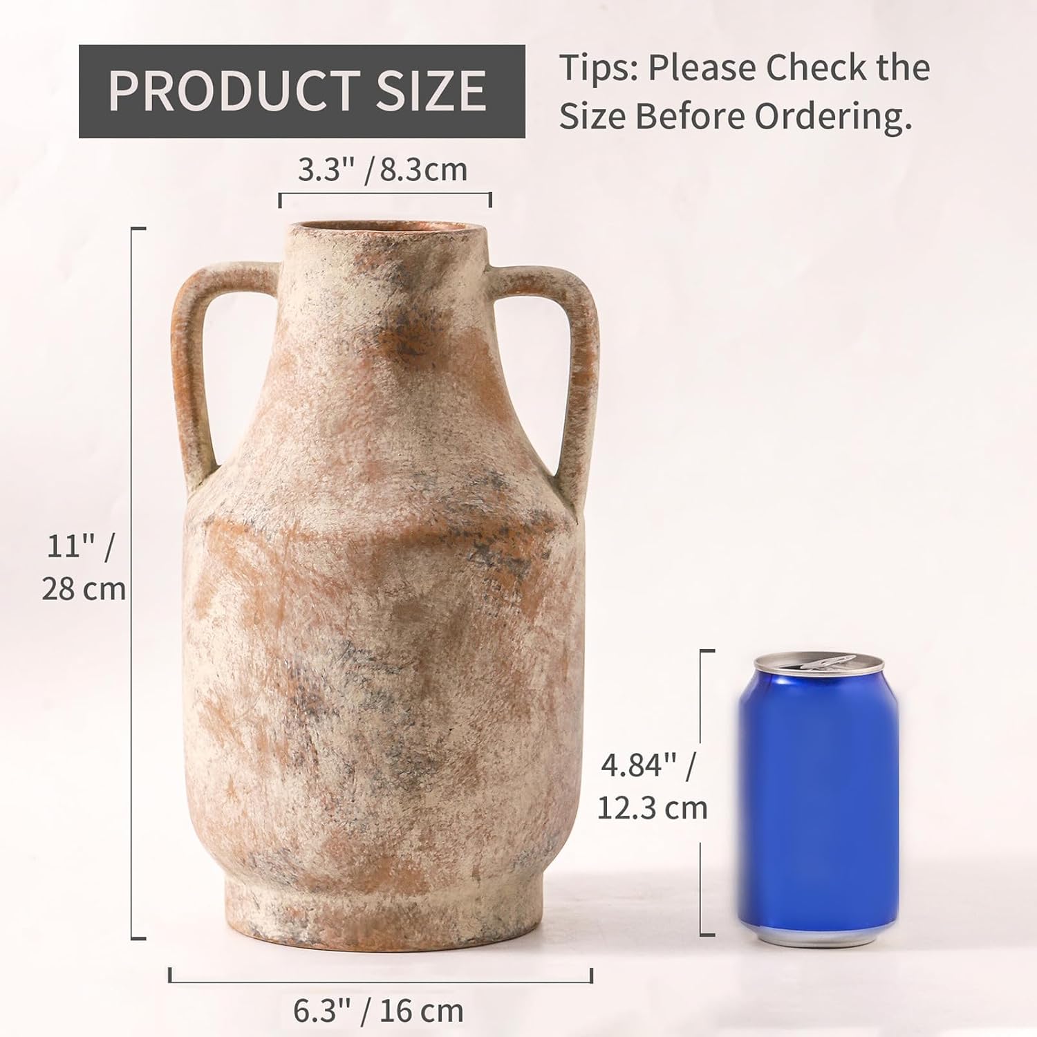 Ceramic Flower Vase with Handles, 11 inch Tall Vase for Centerpieces, Large Decorative Terracotta Vases, Farmhouse Rustic Vases for Home Decor, Living Room, Table, Neutral