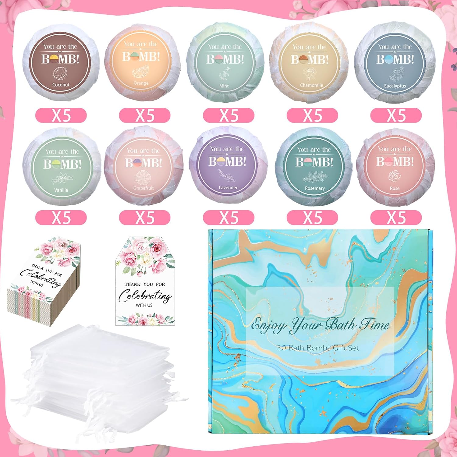 50 Sets Bridal Shower Wedding Party Favors Bath Bombs Mini Bulk Thank You Gifts for Guests Floral 10 Flavors for Bachelorette Party