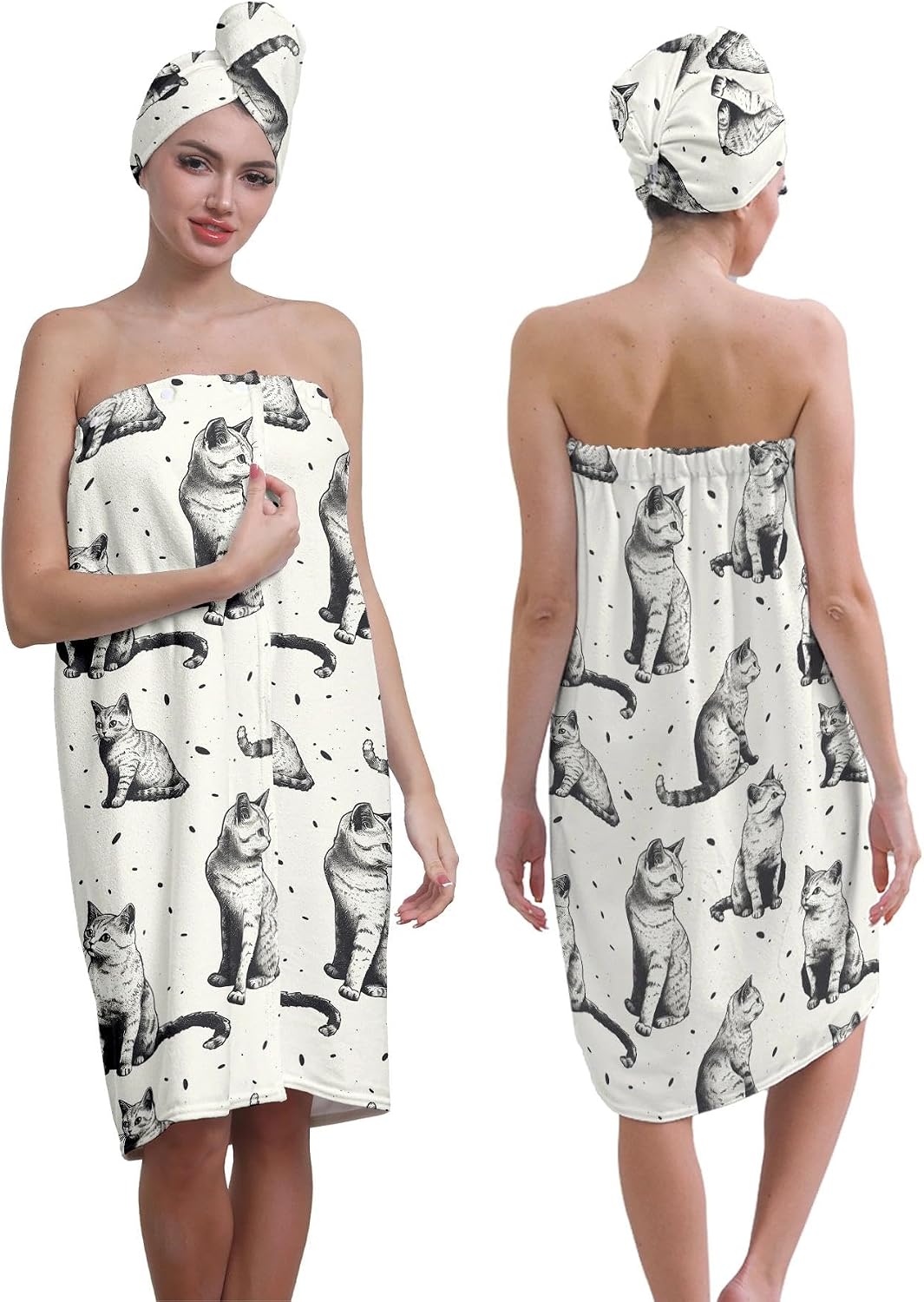 YWMAN Microfiber Bath Wrap Set with Hair Turban, Cat Pattern, 59x31 inches, Soft Spa Towel