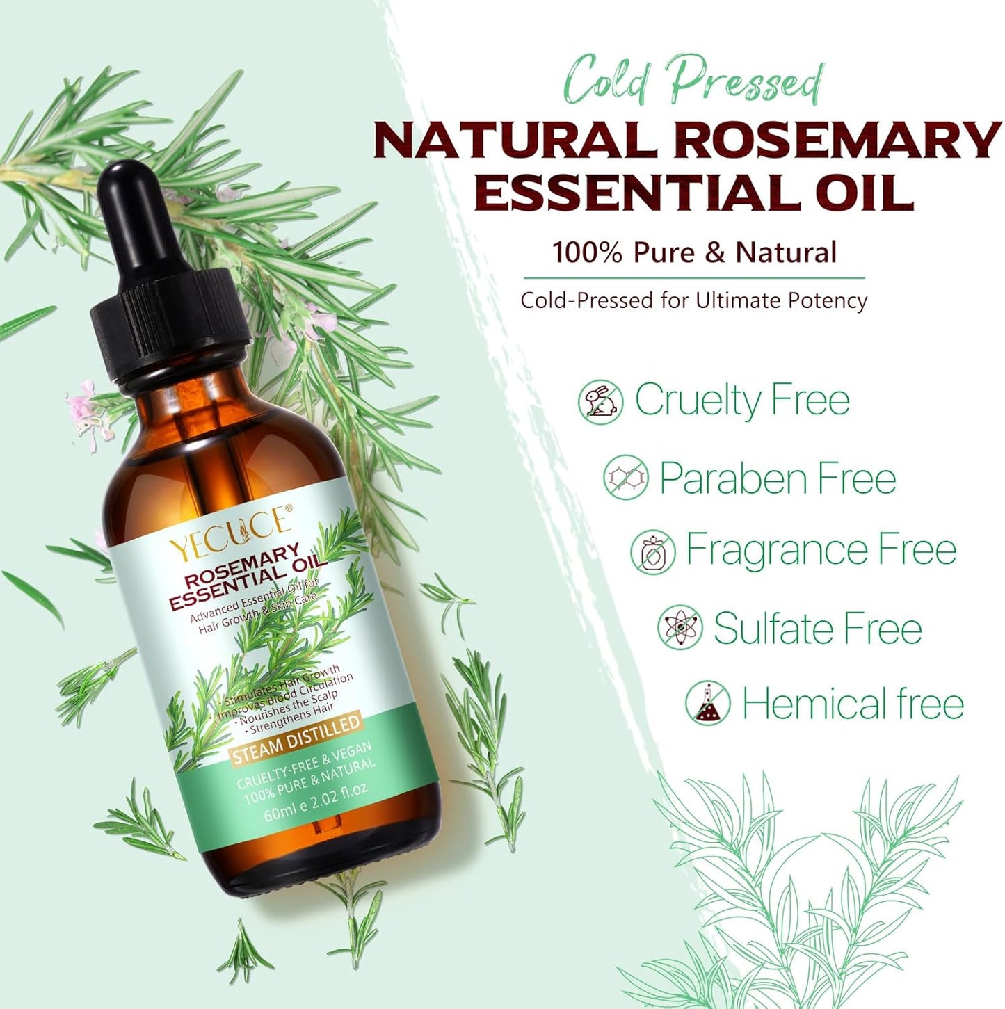 Rosemary Oil, 2.02 Fl Oz Pure Rosemary Essential Oil with with Glass Dropper - Undiluted Rosemary Massage Oil for Hair Growth Skin Care and Nails and Refreshing Aromatherapy Oil for Diffusers