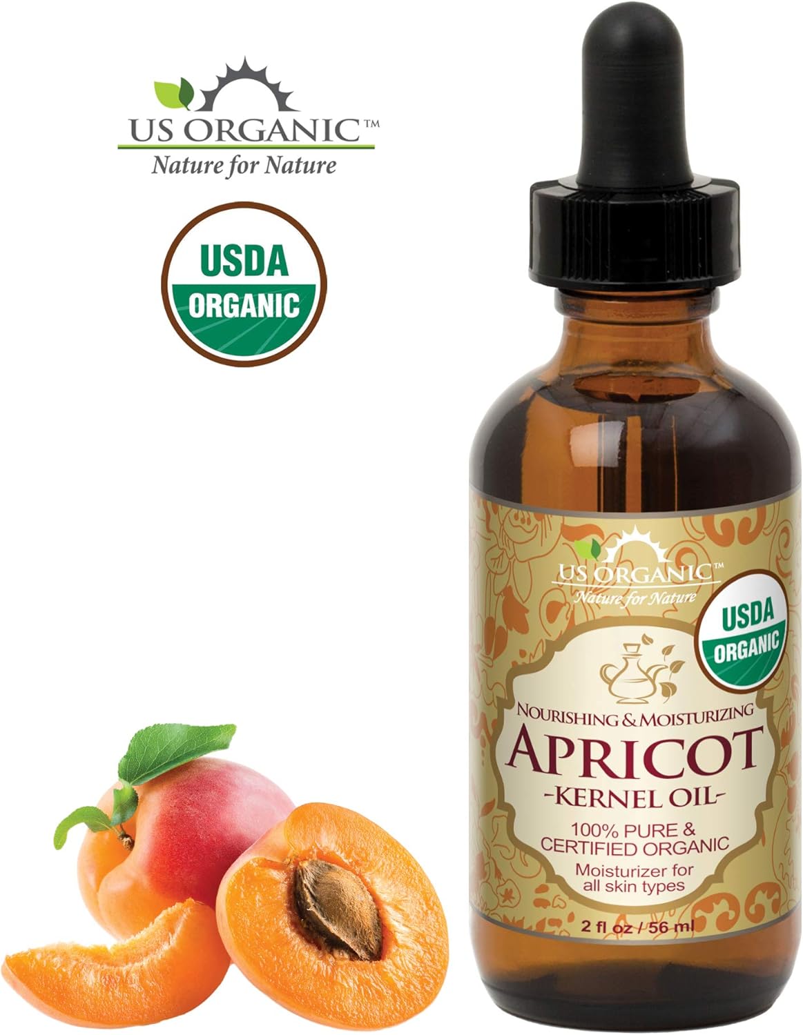 US Organic Apricot Kernel Oil, USDA Certified Organic,100% Pure & Natural, Cold Pressed Virgin, Unrefined in Amber Glass Bottle w/Glass Eyedropper for Easy Application (2 oz (Small))