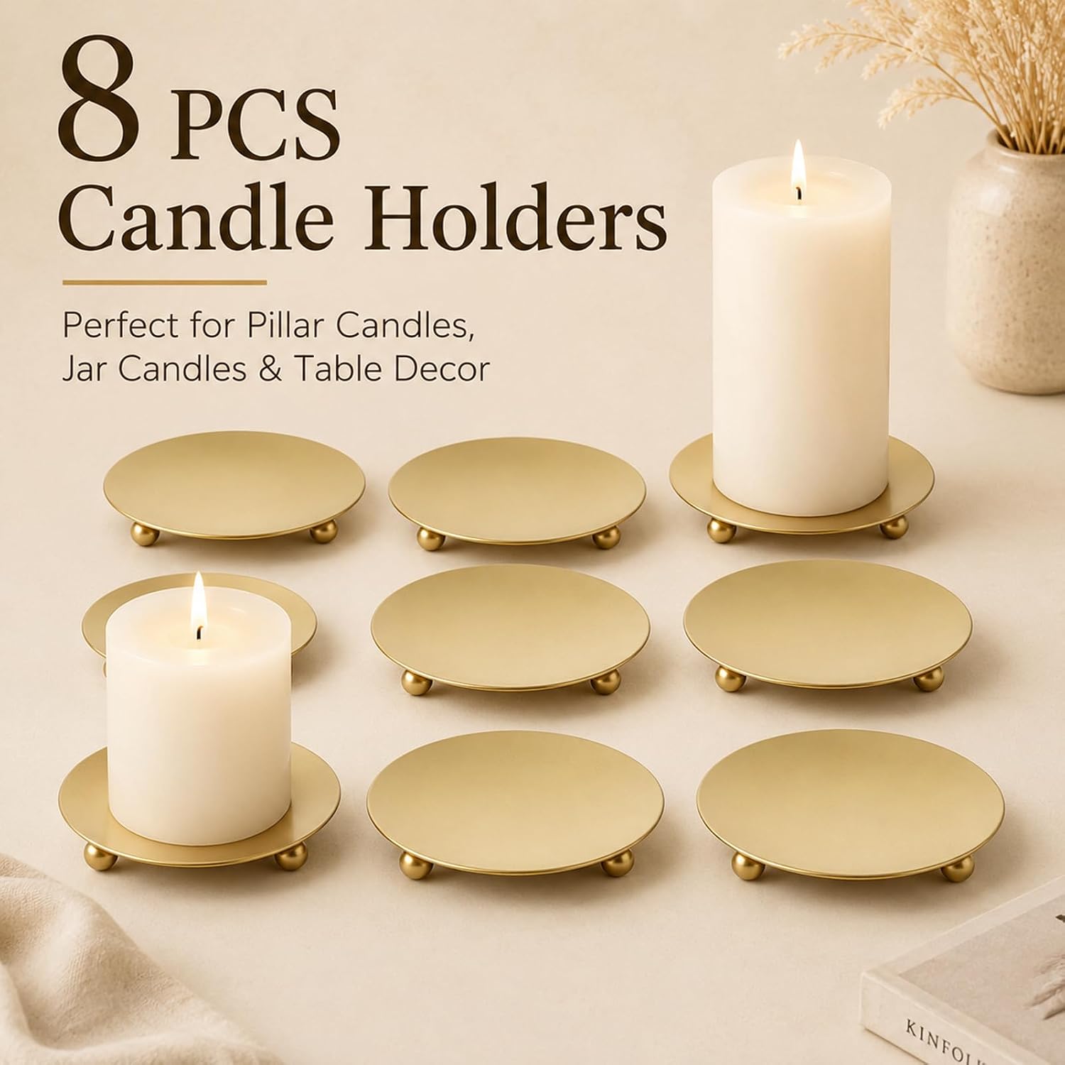 CYEAH 8 Pcs Gold Decorative Iron Plate Candle Holder, 4 in Candle Stand Candle Plate, Small Candle Tray, Iron Candle Holder Plate Metal Candle Stand for Coffee Table Decor, Wedding, Party, Home Decor
