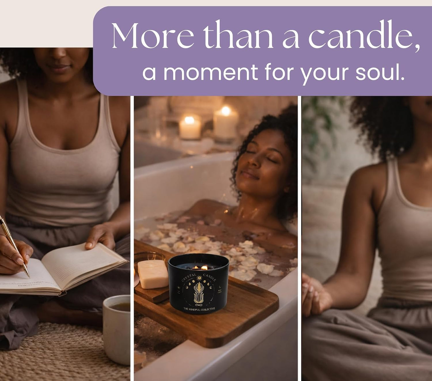 Black Crystal Candle for Women - 8oz Wood Wick Candle that Crackles with Natural Soy Wax. Luxurious Slow Burn, for Meditation. Includes Amethyst & Smokey Quartz Crystals