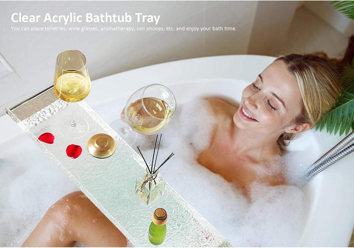 Acrylic Bathtub Tray Caddy with Metal Handles,Clear Bathtub Tray Caddy Tub Shelf,spa Board Luxury Bathroom Bath Tub Table