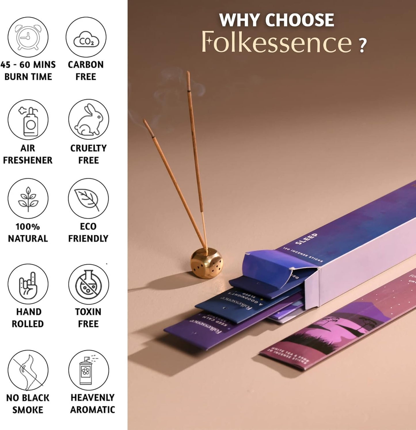 Folkulture Incense Sticks (120 Sticks) | Set of 6 Organic Aromatherapy Incense Sticks for Sleep, Relaxation, Meditation & Yoga | No Charcoal, Non-Toxic, 45-Minute Burn Time