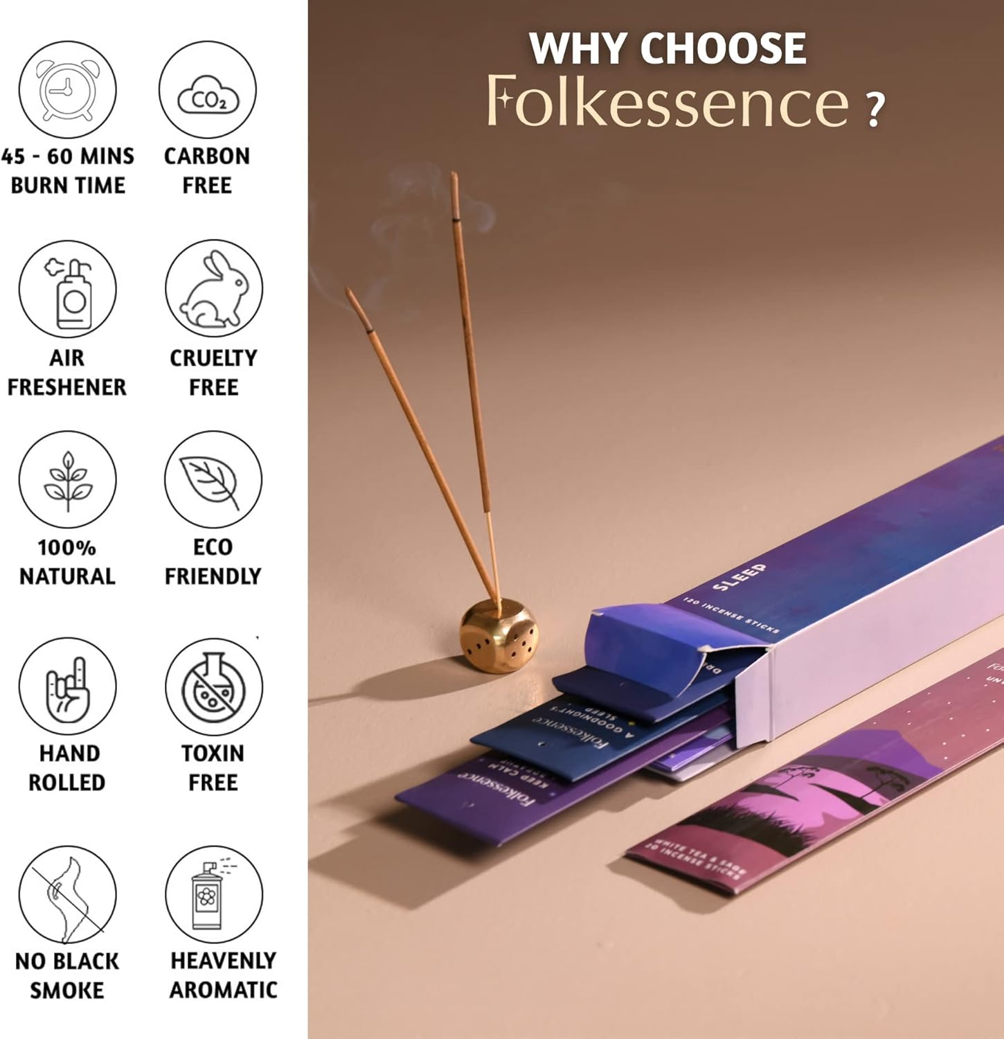 Folkulture Incense Sticks (120 Sticks) | Set of 6 Organic Aromatherapy Incense Sticks for Sleep, Relaxation, Meditation & Yoga | No Charcoal, Non-Toxic, 45-Minute Burn Time
