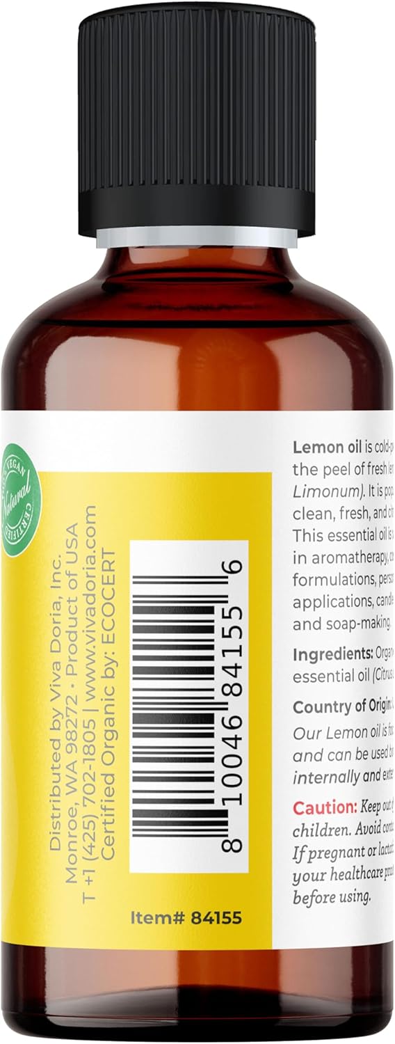 Viva Doria Lemon Essential Oil, USDA Certified, Organic Lemon Oil, 100% Pure, Natural Essential Oil, Undiluted, for Aromatherapy | Food Grade, 30 mL (1 Fluid Ounce)