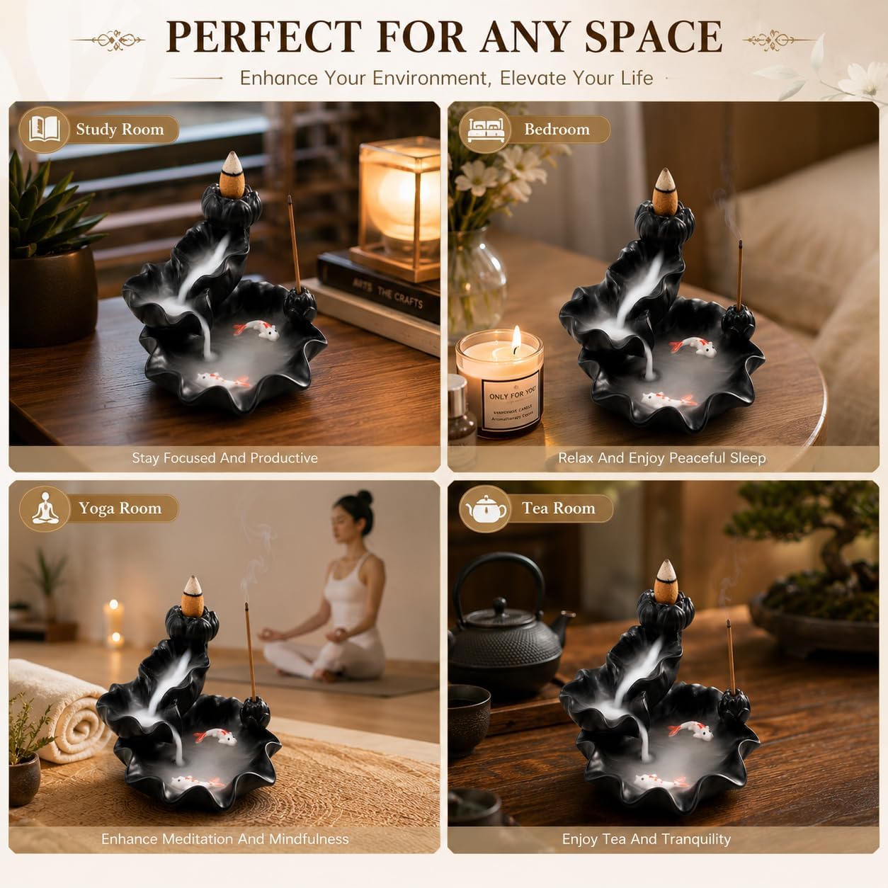 Ceramic Waterfall Backflow Incense Burner Holder, Home Aromatherapy Decoration Ornament with 30 Backflow Incense Cones and 50 Incense Sticks