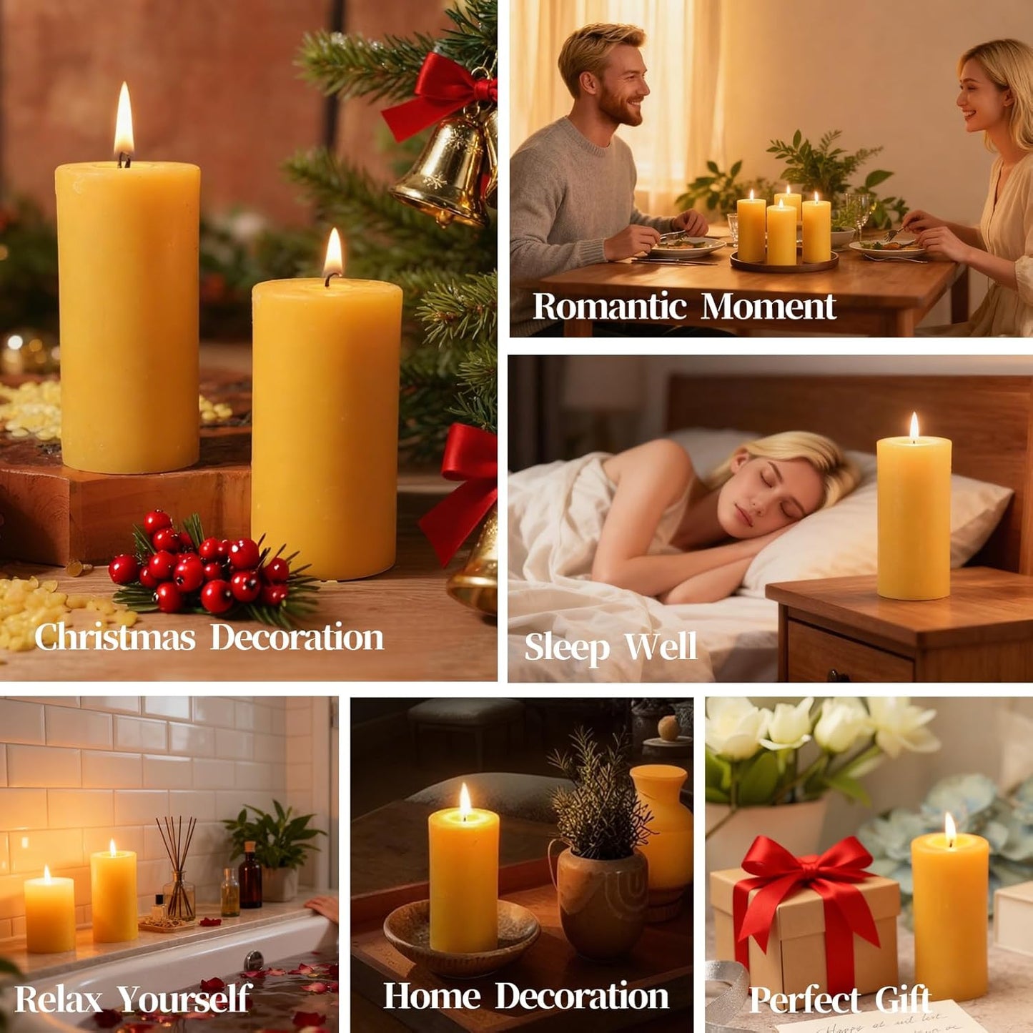 Beeswax Pillar Candles Set of 2, 70 Hours Long Burning, 100% Natural Beeswax Candles for Emergency, Pure Bees Wax for Home, Smokeless & Dripless
