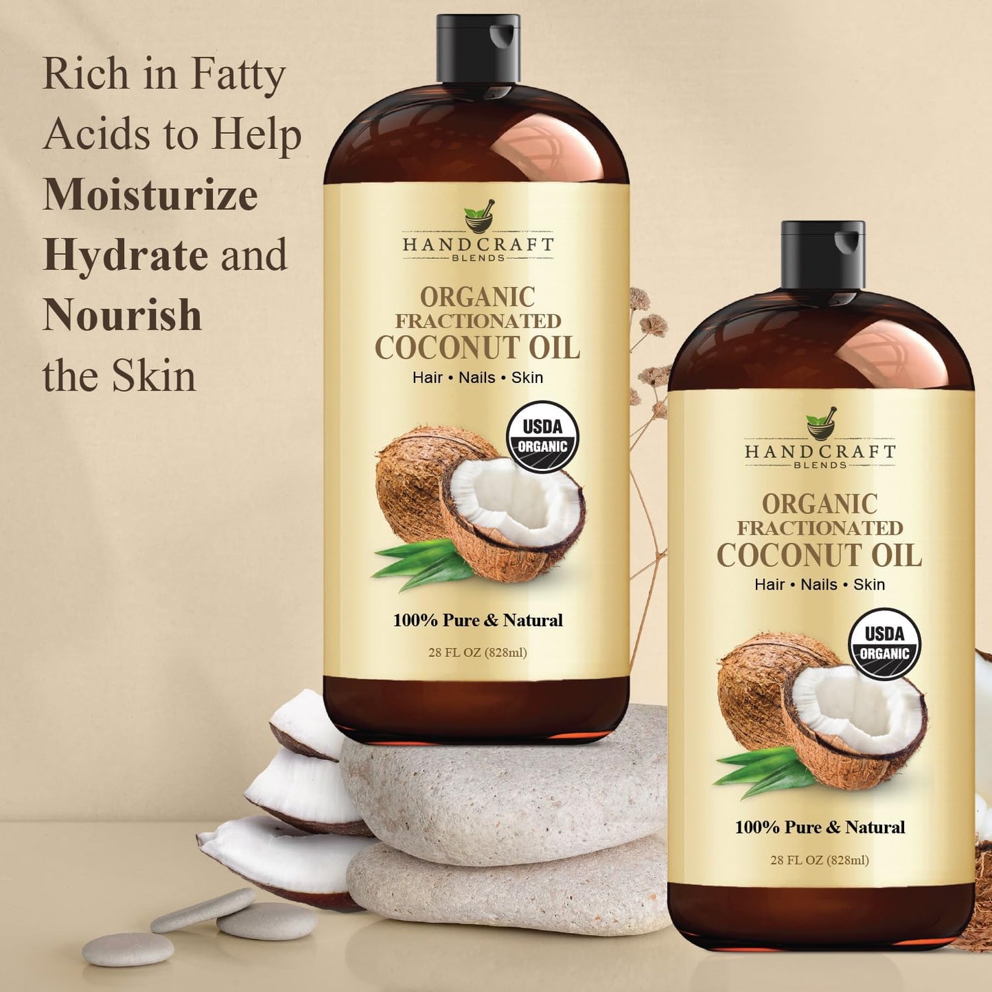 Handcraft Blends Organic Fractionated Coconut Oil | 100% Pure and Natural | Bath & Body Oil | Premium Grade Carrier Oil | Skin | Hair | Body | Massage | Hexane-Free | 28 Fl Oz