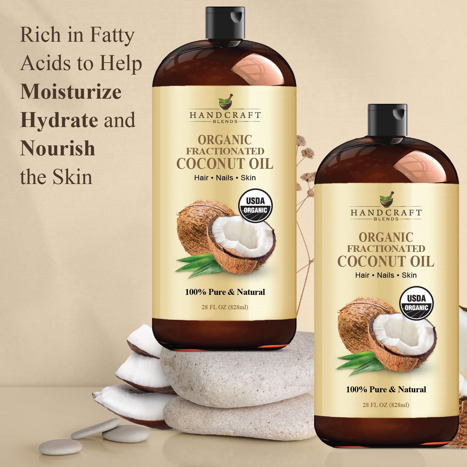 Handcraft Blends Organic Fractionated Coconut Oil | 100% Pure and Natural | Bath & Body Oil | Premium Grade Carrier Oil | Skin | Hair | Body | Massage | Hexane-Free | 28 Fl Oz