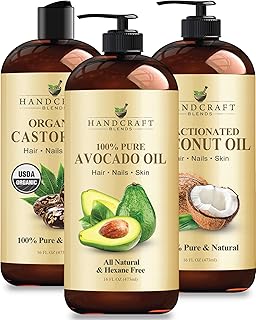 Handcraft Blends Total Care Trio: Organic Castor Oil, Avocado Oil, and Fractionated Coconut Oil – (3 x 16 Fl Oz) – 100% Pure & Natural – Premium Carrier Oils for Hair Masks, Skin, and Massage