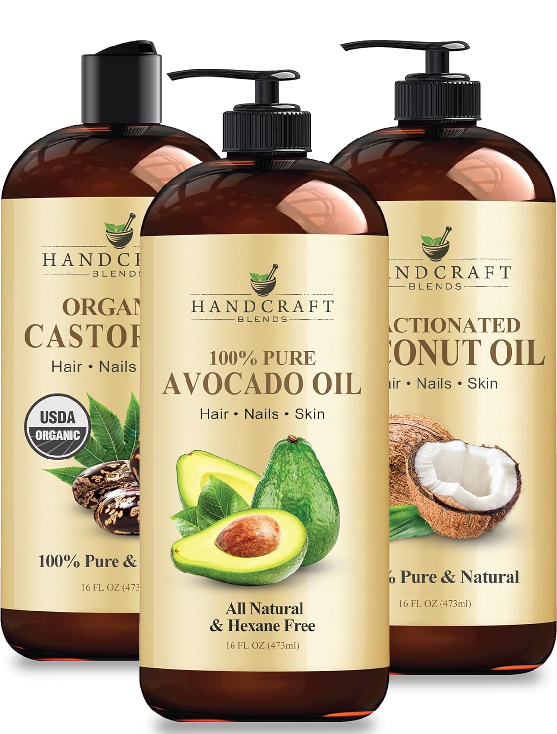 Handcraft Blends Total Care Trio: Organic Castor Oil, Avocado Oil, and Fractionated Coconut Oil – (3 x 16 Fl Oz) – 100% Pure & Natural – Premium Carrier Oils for Hair Masks, Skin, and Massage
