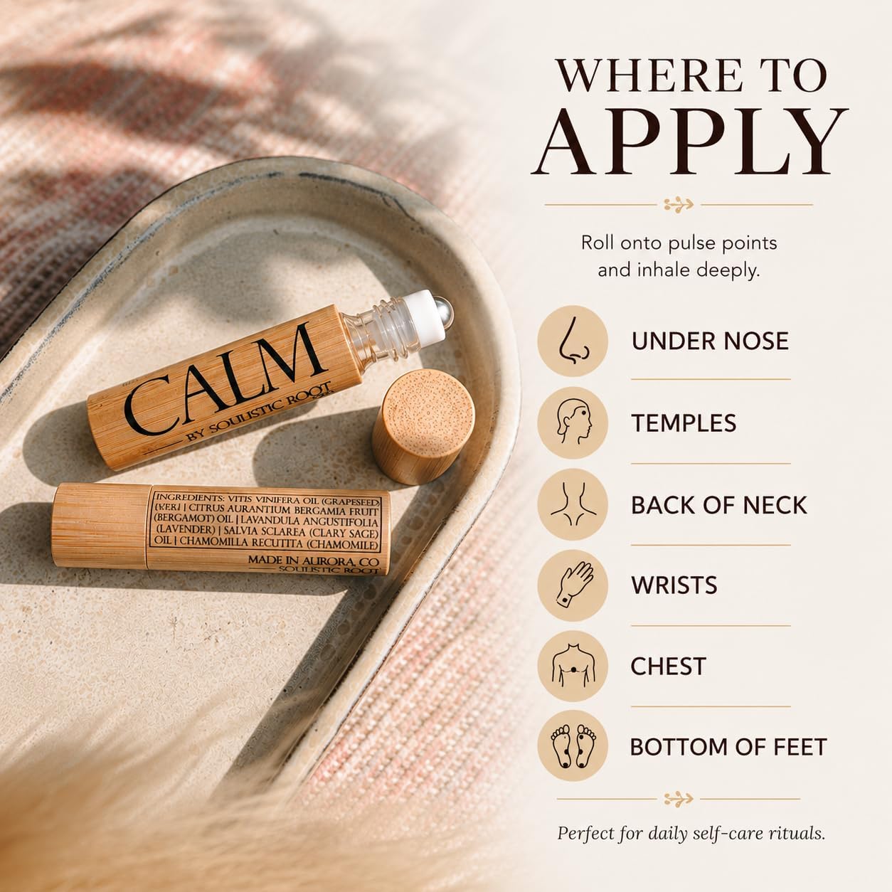 Calm Essential Oil Roller – Aromatherapy Roll On with Lavender & Chamomile – Calming Essential Oil Rollerball for Women, Self Care, Travel, Meditation & Wellness Gift – 10ml | Soulistic Root