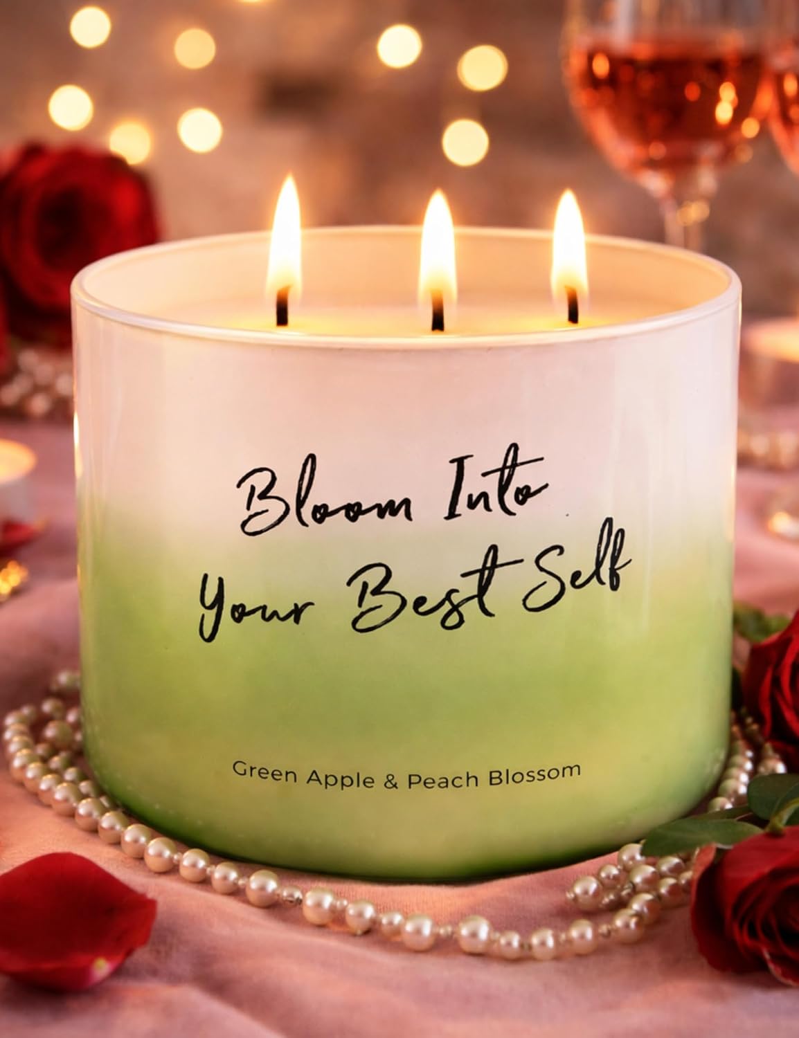 Green Apple Peach Blossom Scented Soy Candle | Large 3 Wick Candle for Home, 15.8 oz | Fresh Fruity Aromatherapy Candle | Birthday, Graduation & Self-Care Gifts for Women | Candles for Women & Men