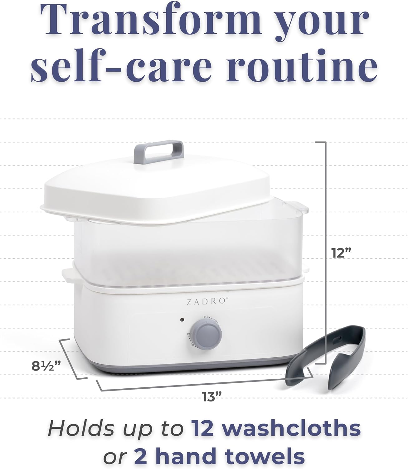 Zadro Towel Steamer with Tongs, 850W Heater, 8L Tray, 1.7L Tank, 30-min Timer for Facials, Manicures, Pedicures, Shaving (13"x12", 120V/850W, 8L, White/Gray)