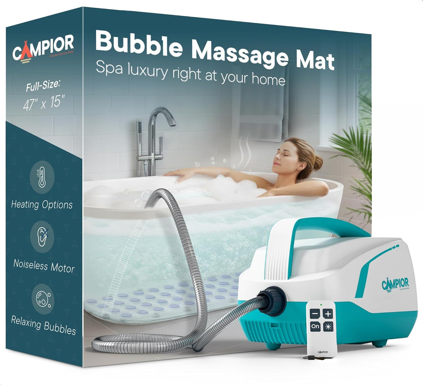 Bubble Bath Massager Mat for Bathtub, 47.24" x 14.57" Full-Body Heated Air Spa with 6-Level Adjustable Bubbles, Non-Slip Waterproof Design, Remote Control, For Stress, Muscle Relief & Relaxation, Aqua