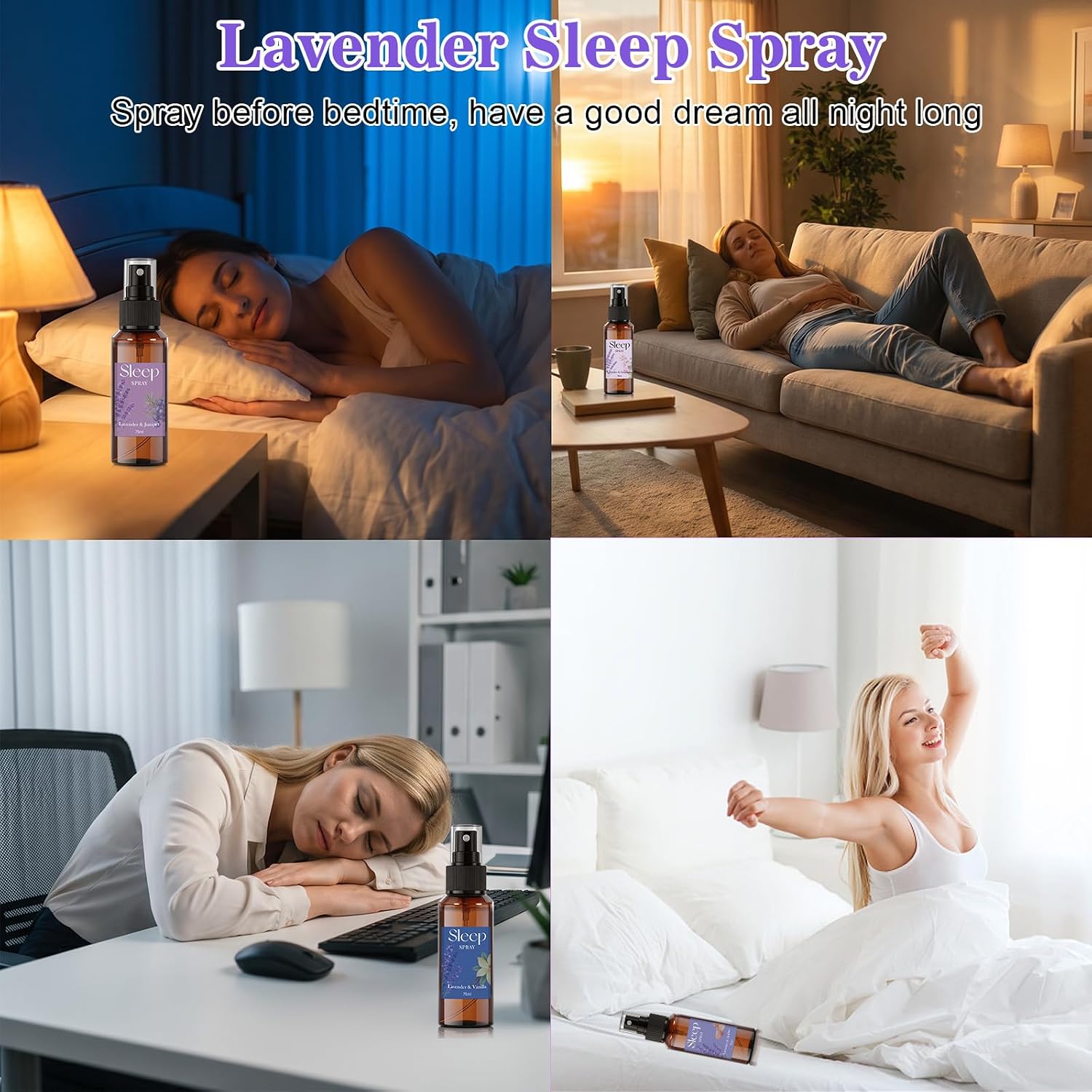 STRN Room Spray with Lavender Essential Oil for Sleep, Sleep Spray, Pillow Spray, 4 Scents - Lavender & Geranium, Juniper, Vanilla, Amber, Sweet Dream Fragrance Mist, 75 ML x 4 Bottles