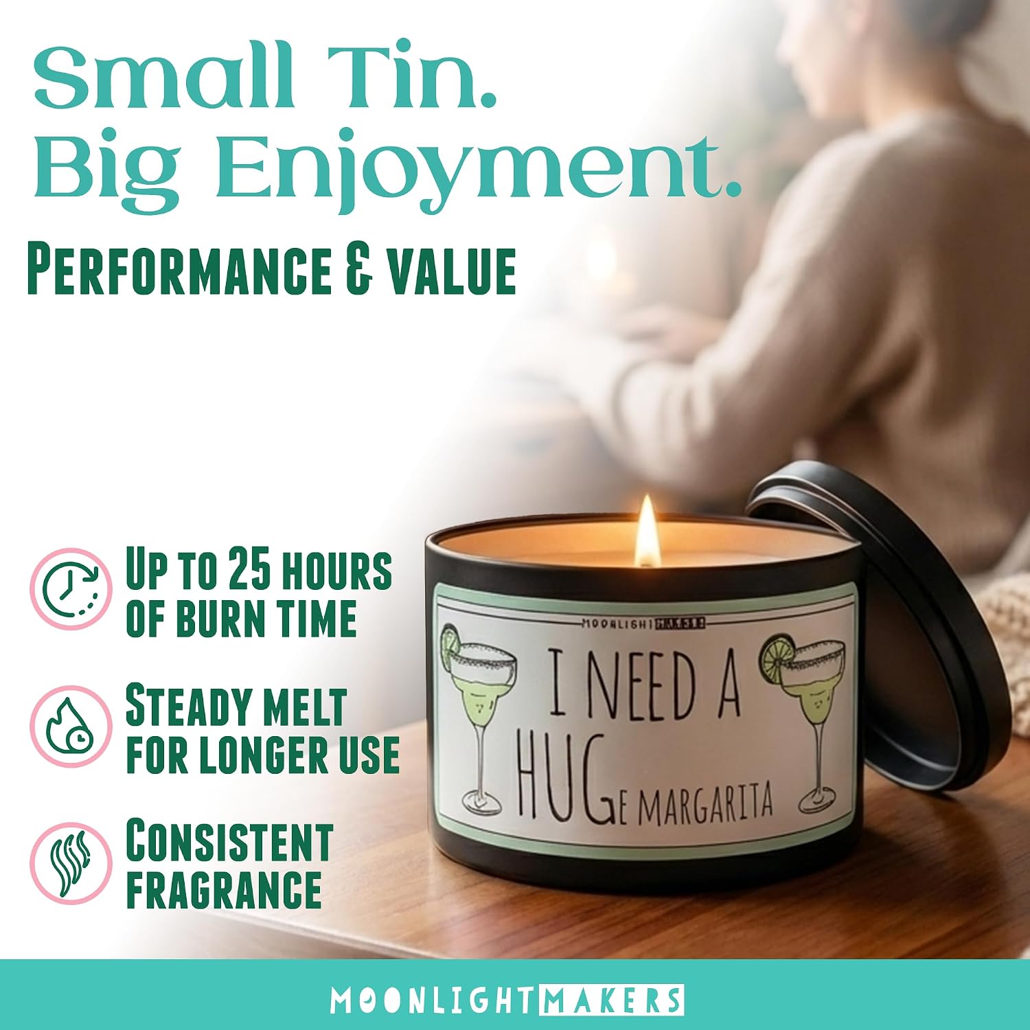 Moonlight Makers Happy Anniversary Caribbean Teakwood Scented Candle - Handmade Natural Soy Candle Wax, 25 Hour Burn Time, for Women, Unique Housewarming Gifts, Room Decor - 8oz Tin