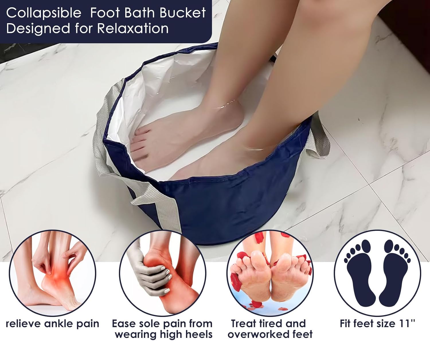 Foot Soaking Tub Collapsible Bucket with Handle 4.7 Gallon/18 L Portable Wash Bag for Fishing, Traveling, and Camping - Navy Blue