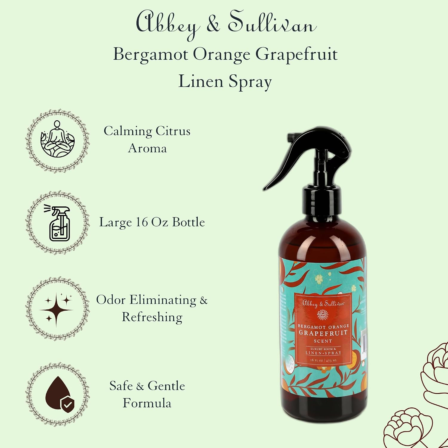 Abbey & Sullivan Linen Spray, Bergamot Orange Grapefruit, Fabric Freshener and Fragrance Room Spray, Pack of 2, 16 oz