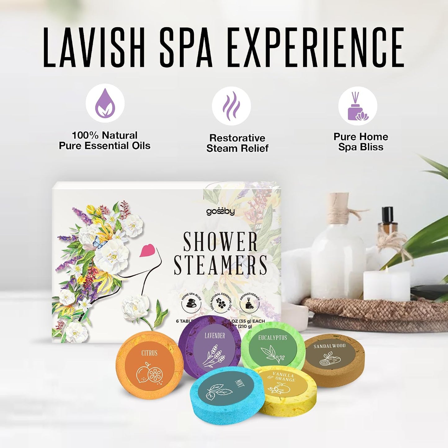 GOSSBY Shower Steamers Aromatherapy (6 Pcs) - Mothers Day Gift for Mom - Birthday, Stress Relief Gift for Women Wife Teen Girl - Basket Stuffers - Natural Essential Oils, Self Care Relaxation Home Spa