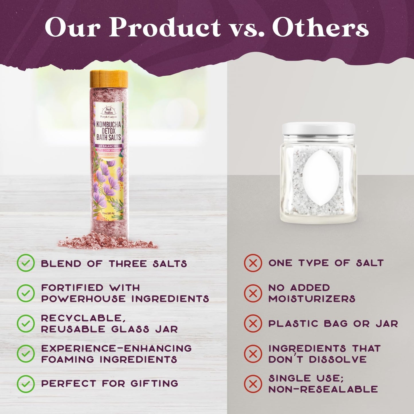 PURPLE CANYON SolSalts Kombucha Detox Bath Salts 10oz - Lavender Rosemary Soak with Apple Cider Vinegar - Detoxifying Spa Experience