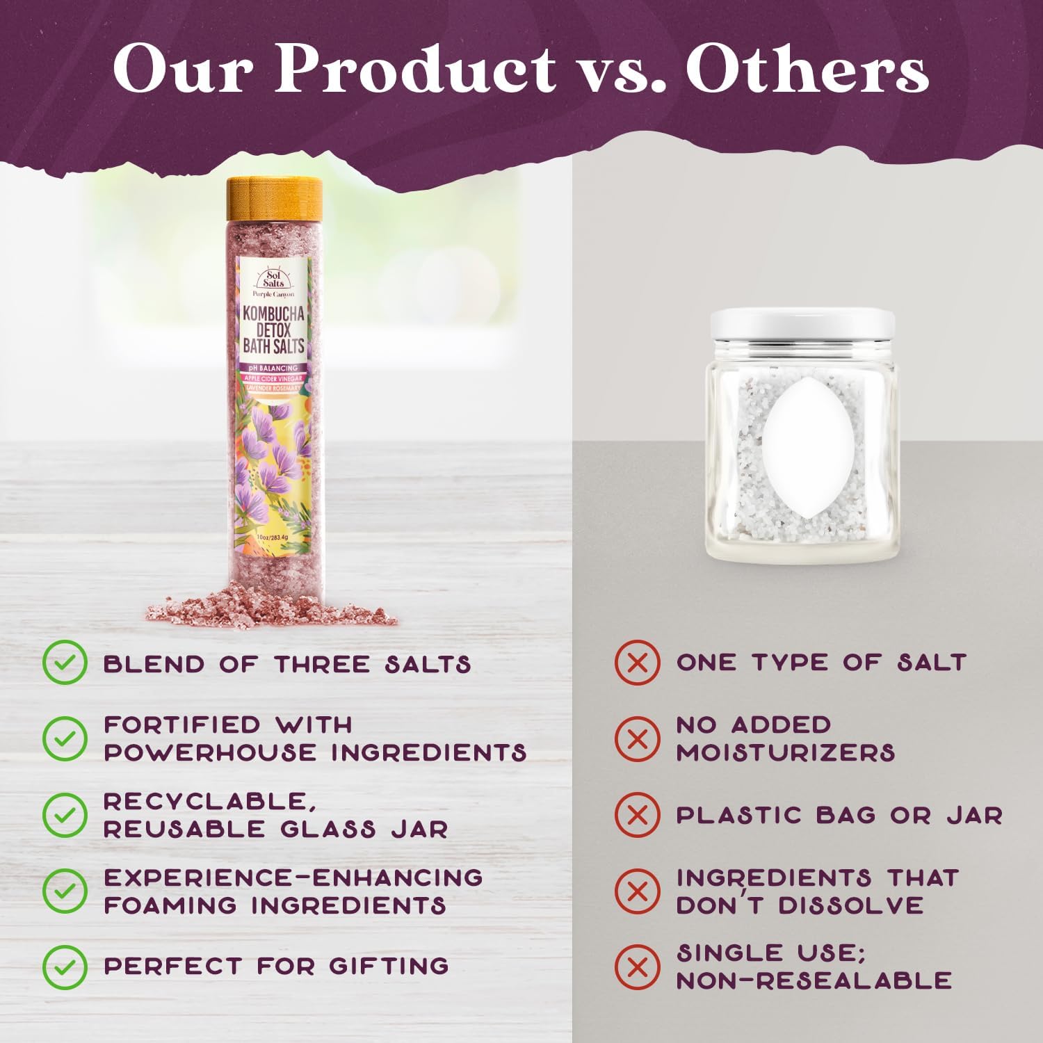 PURPLE CANYON SolSalts Kombucha Detox Bath Salts 10oz - Lavender Rosemary Soak with Apple Cider Vinegar - Detoxifying Spa Experience