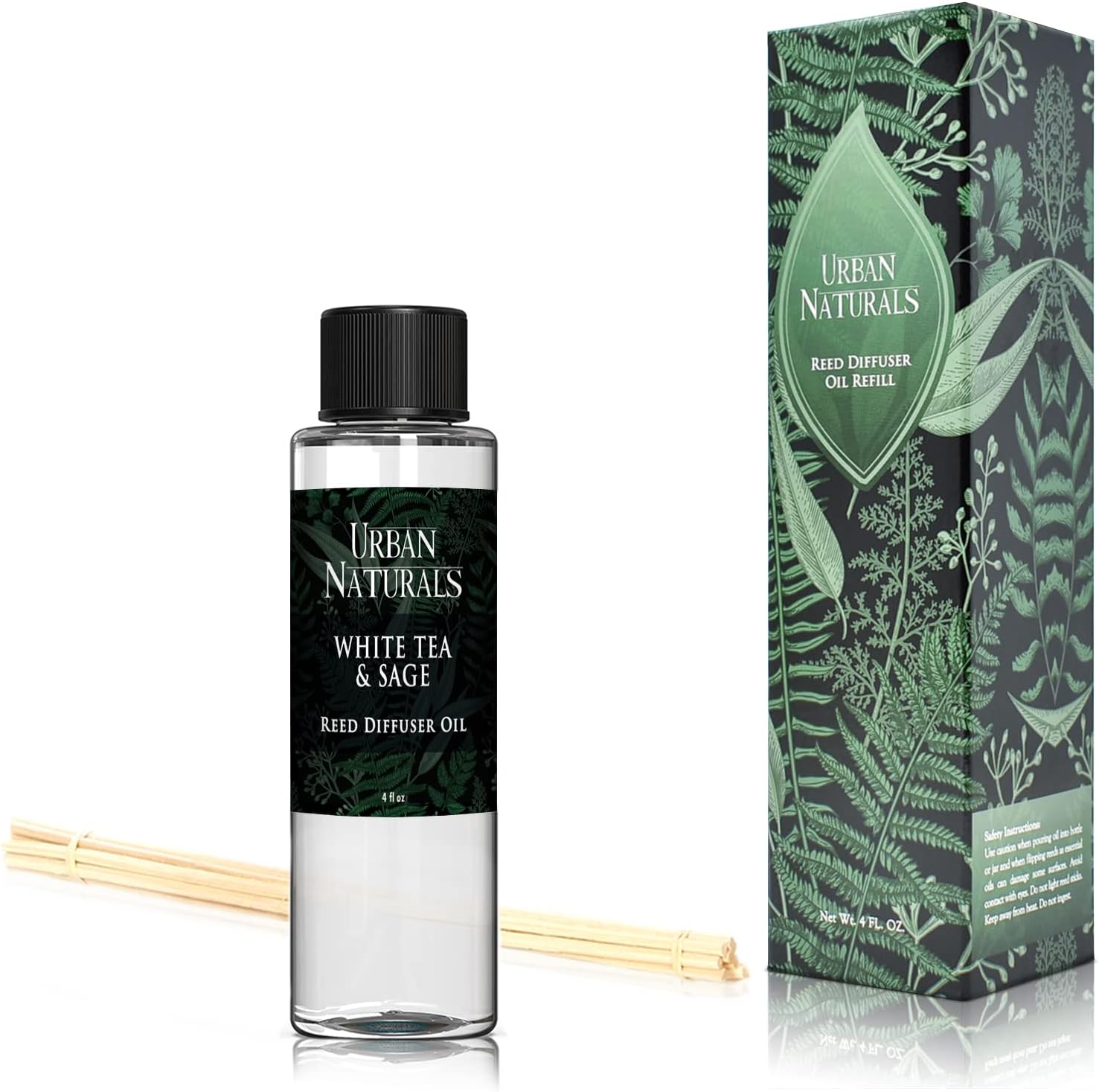 Urban Naturals Reed Diffuser Oil Refill White Tea & Sage, Sparkling Bergamot, Fresh Sage, 4 oz + Free Reed Sticks, Made in the USA