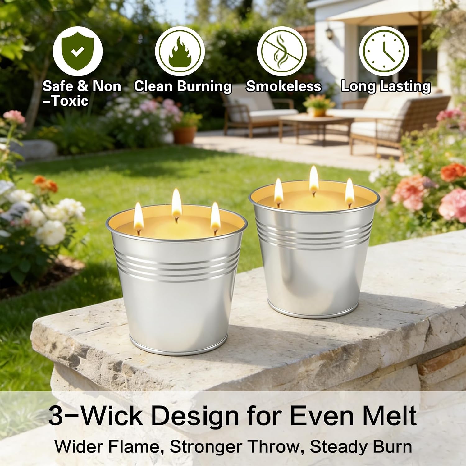 Citronella Candles Outdoor, 13 oz Large 3-Wick Soy Wax Candles for Patio, 2 Pack, Total 160H Burn Time, Natural Citronella Oil, Decorative Silver Tin Candle for Backyard, Garden, Camping, Deck