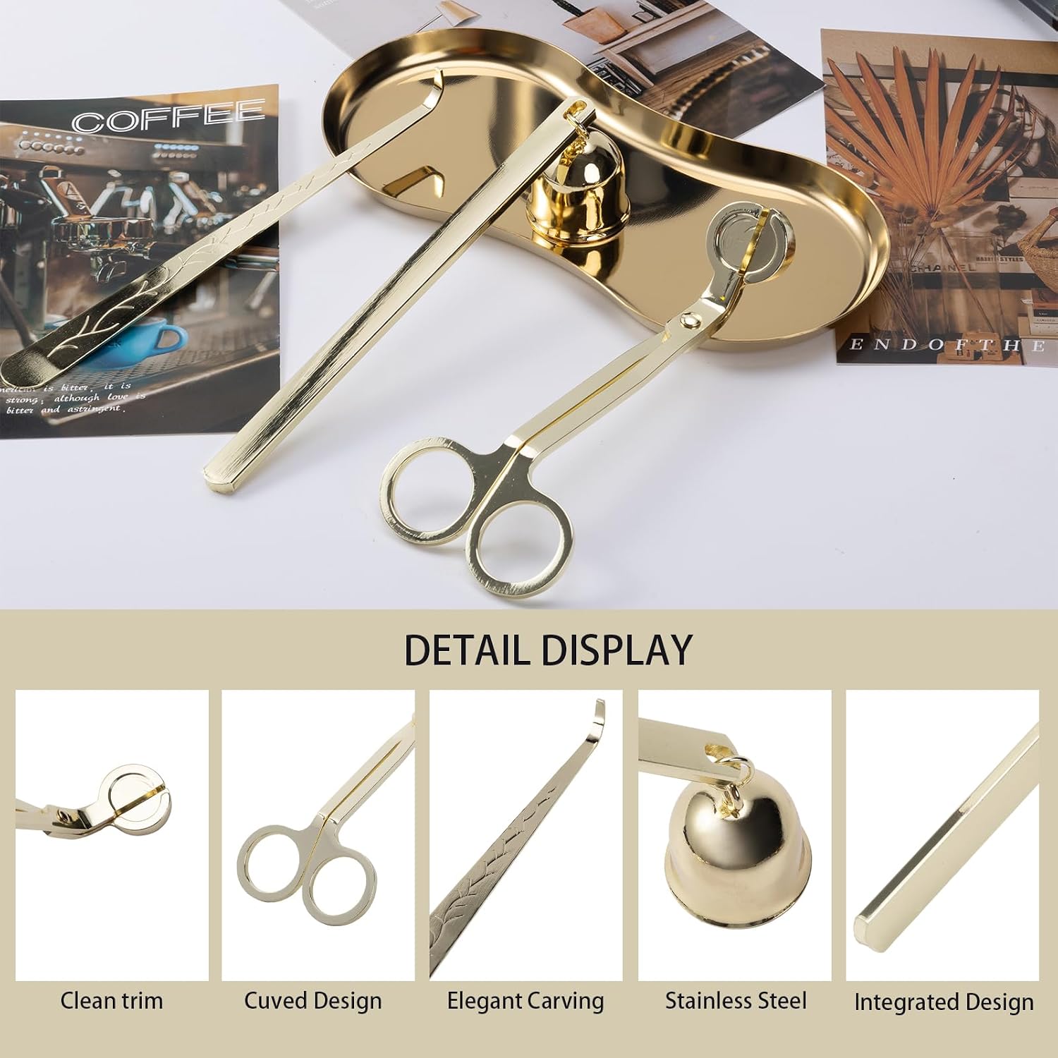 4 Pack Gold Essential Candle Accessory Set, Precision Wick Trimmer Elegant Wick Dipper, Stylish Snuffer Tray Holder, Perfect for Candle Enthusiasts/Lovers