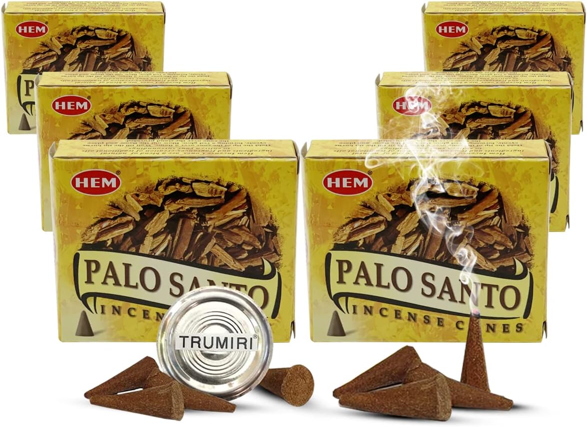 Palo Santo Incense Cones and Burner Holder Bundle from Hem Incense Trumiri for Smudging and Aroma - Pack of 6 (Approx 60 Cones)