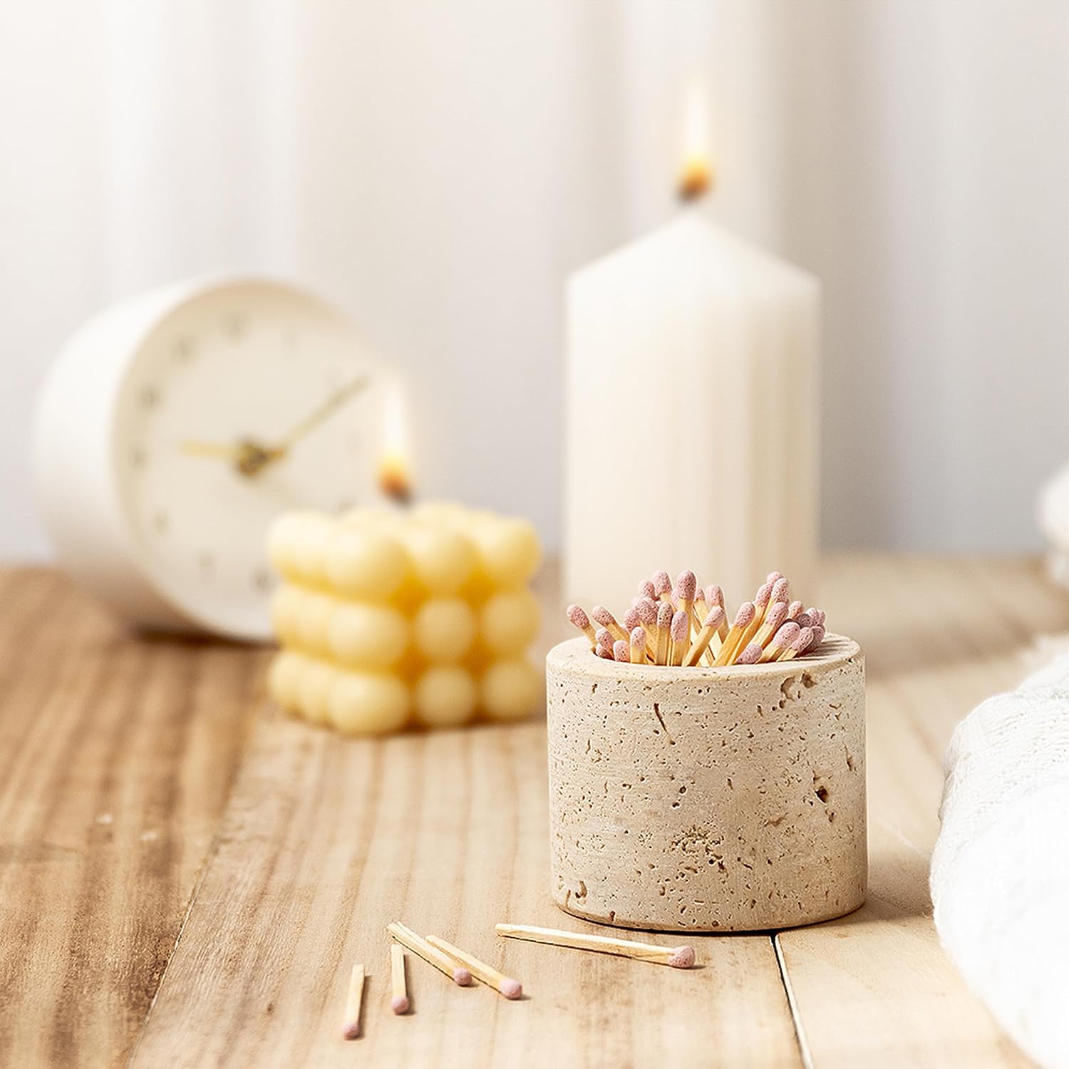 Travertine Stone Match Holder with Striker & Extra Striker Pad - 2.6" x 2" Decorative Matchstick Organizer for Fireplace, Candles, Parlor Cute Match Jar for Home Decor Gift, Matches Not Included