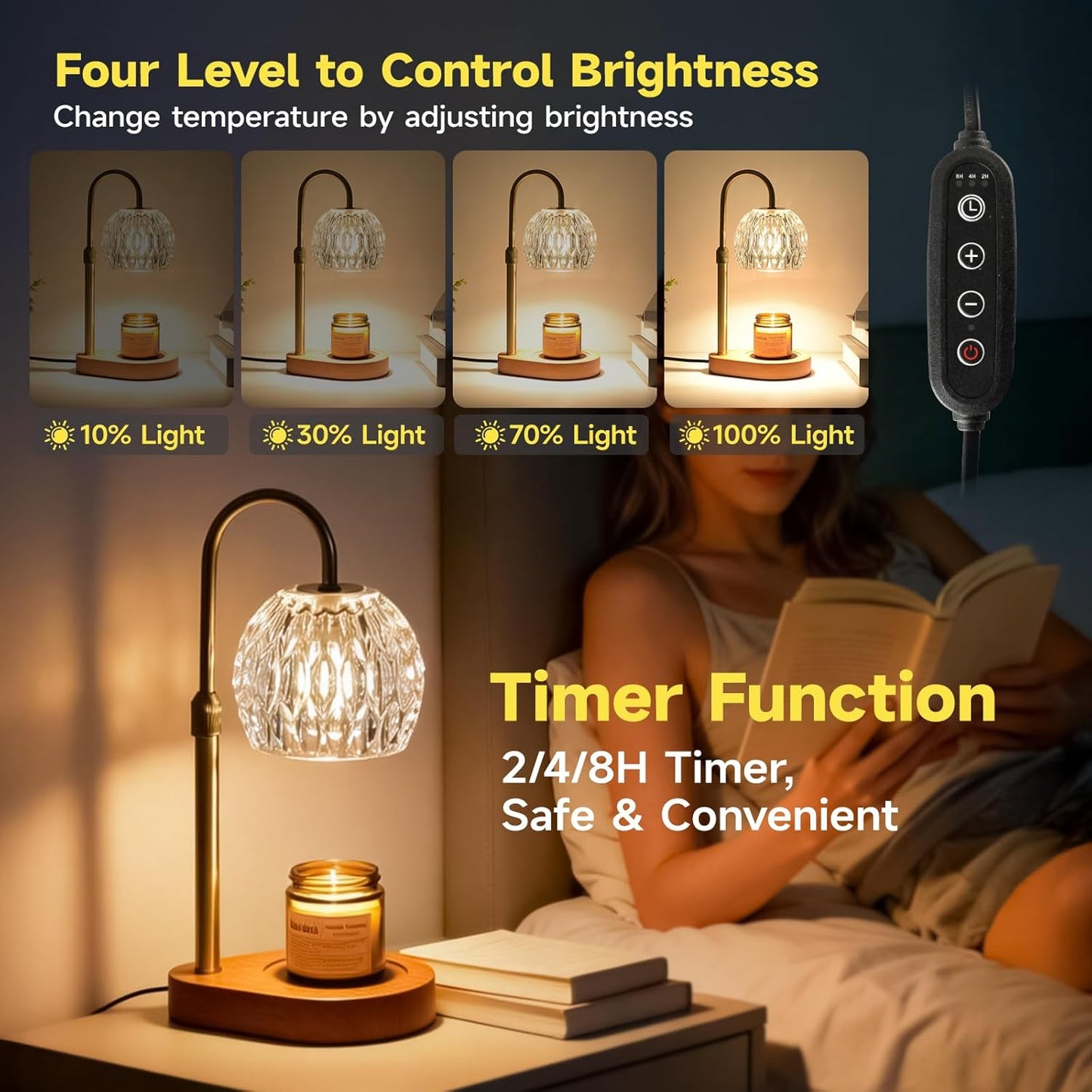 WEILASA Candle Warmer Lamp Crystal Glass Shade, Electric Candle Melter with Adjustable Wooden Bottom seat for Home Warm Home Decoration Gifts-Gold