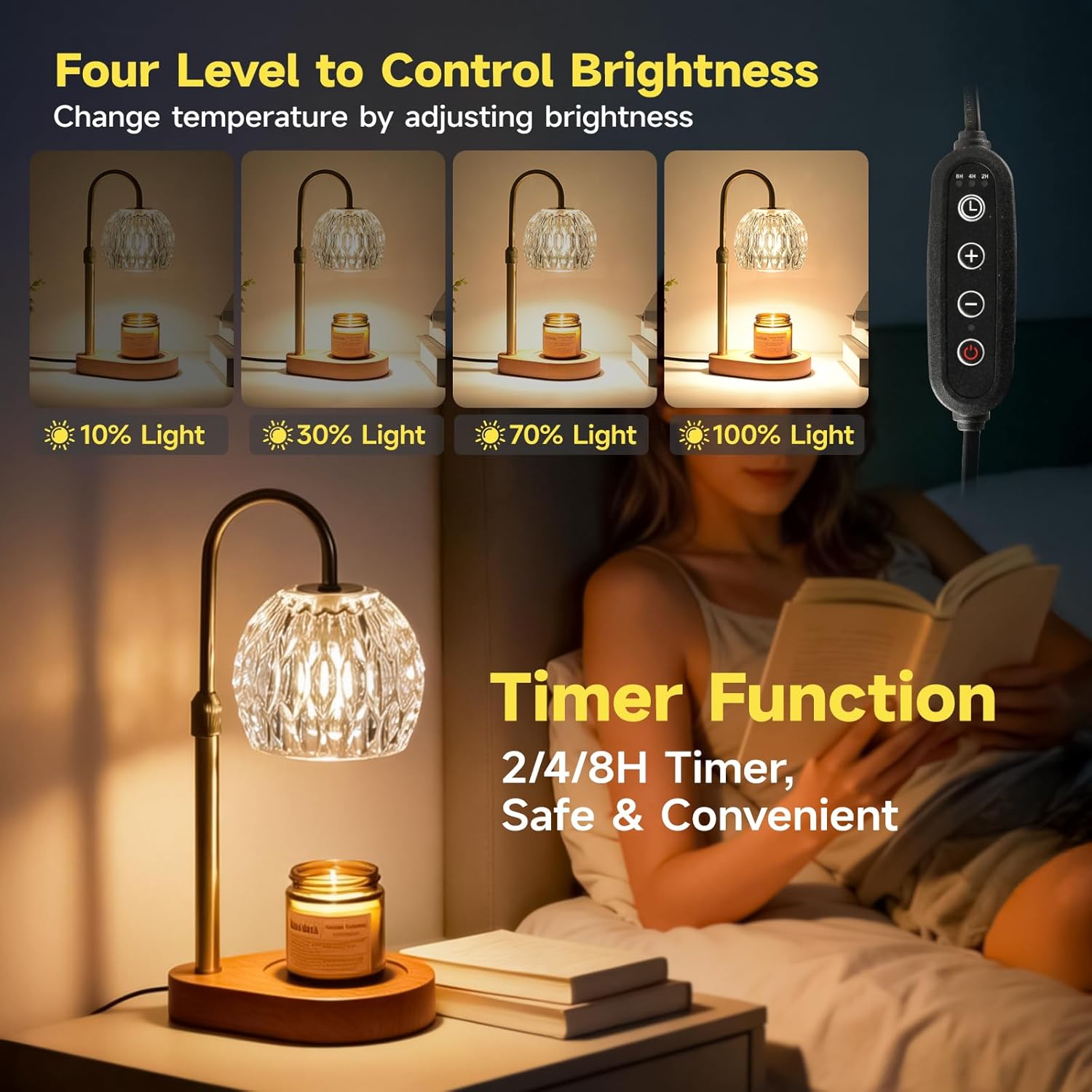 WEILASA Candle Warmer Lamp Crystal Glass Shade, Electric Candle Melter with Adjustable Wooden Bottom seat for Home Warm Home Decoration Gifts-Gold