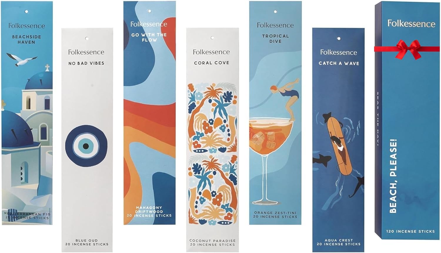 Folkulture Incense Sticks (120 Sticks) | Set of 6 Premium Beach Vibes Summer Incense Stick for Mediation, Relaxation| No Charcoal, Non Toxic, 45 Mins Burning Oud, Orange, Coconut Insence-Sticks