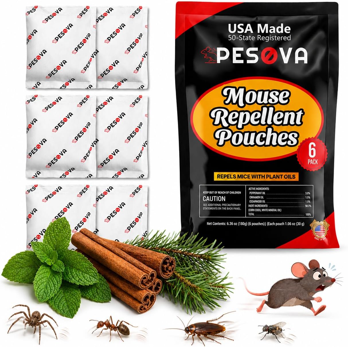 Mouse Repellent Pouches, Peppermint Cinnamon Cedarwood Oil Repellent, Natural Rodent Spider Ant Roach Deterrent for Car RV Garage Closet Basement Boat Shed Attic(6 Pouches)