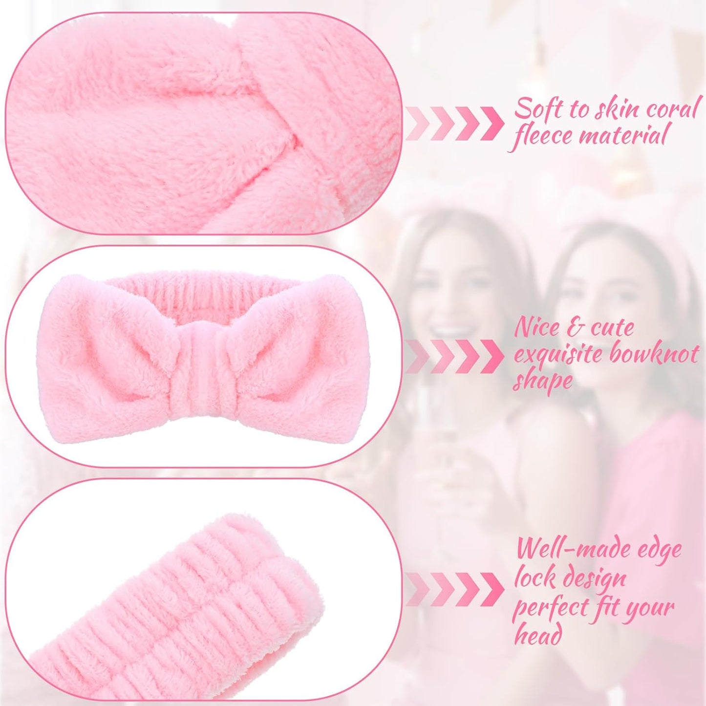 Kifmurase 25Pcs Spa Headbands, Makeup Headbands, Bow Tie Hair Band, Pink Skincare Headband for Washing Face, Cosmetic Facial Sports Yoga Elastic Headband
