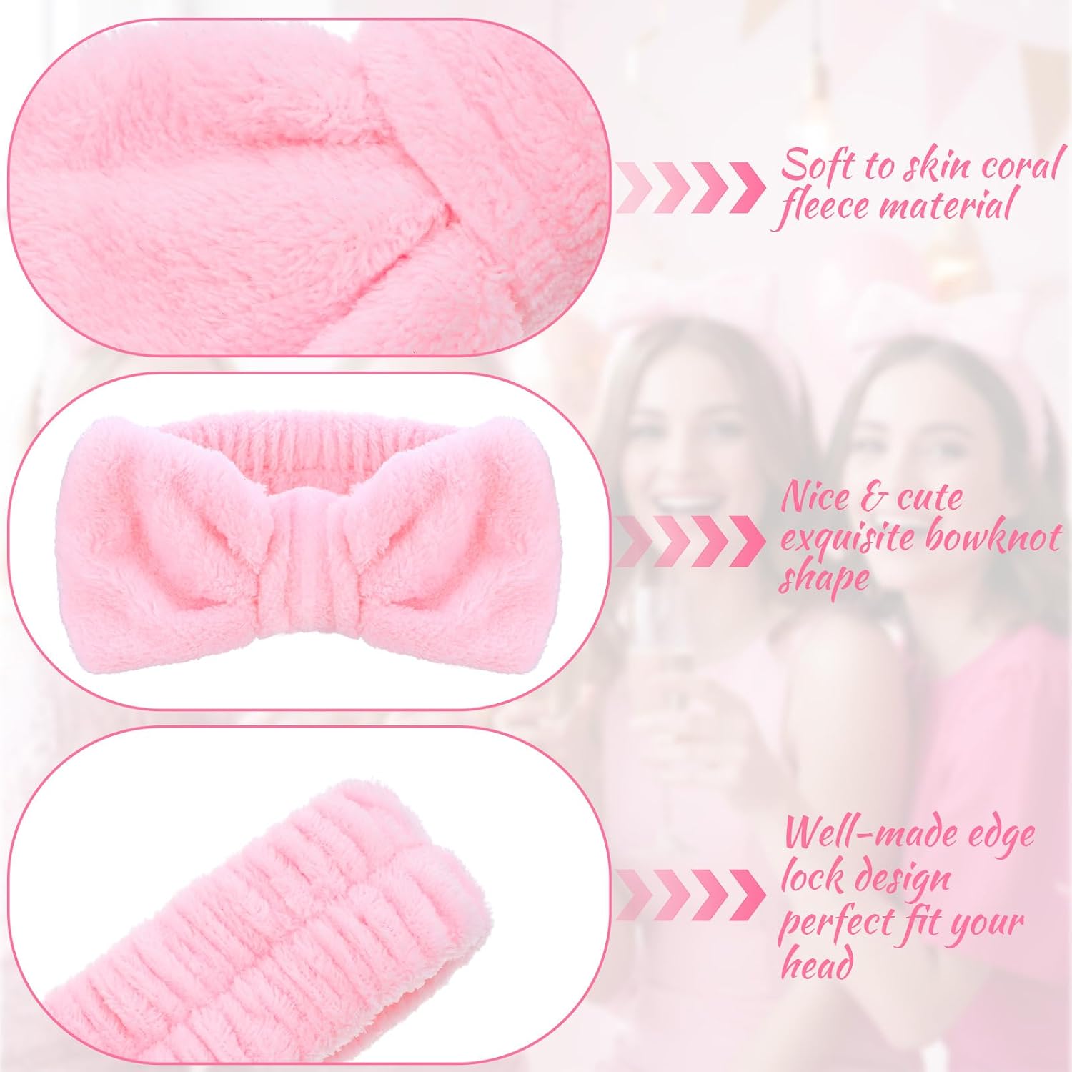 Kifmurase 25Pcs Spa Headbands, Makeup Headbands, Bow Tie Hair Band, Pink Skincare Headband for Washing Face, Cosmetic Facial Sports Yoga Elastic Headband