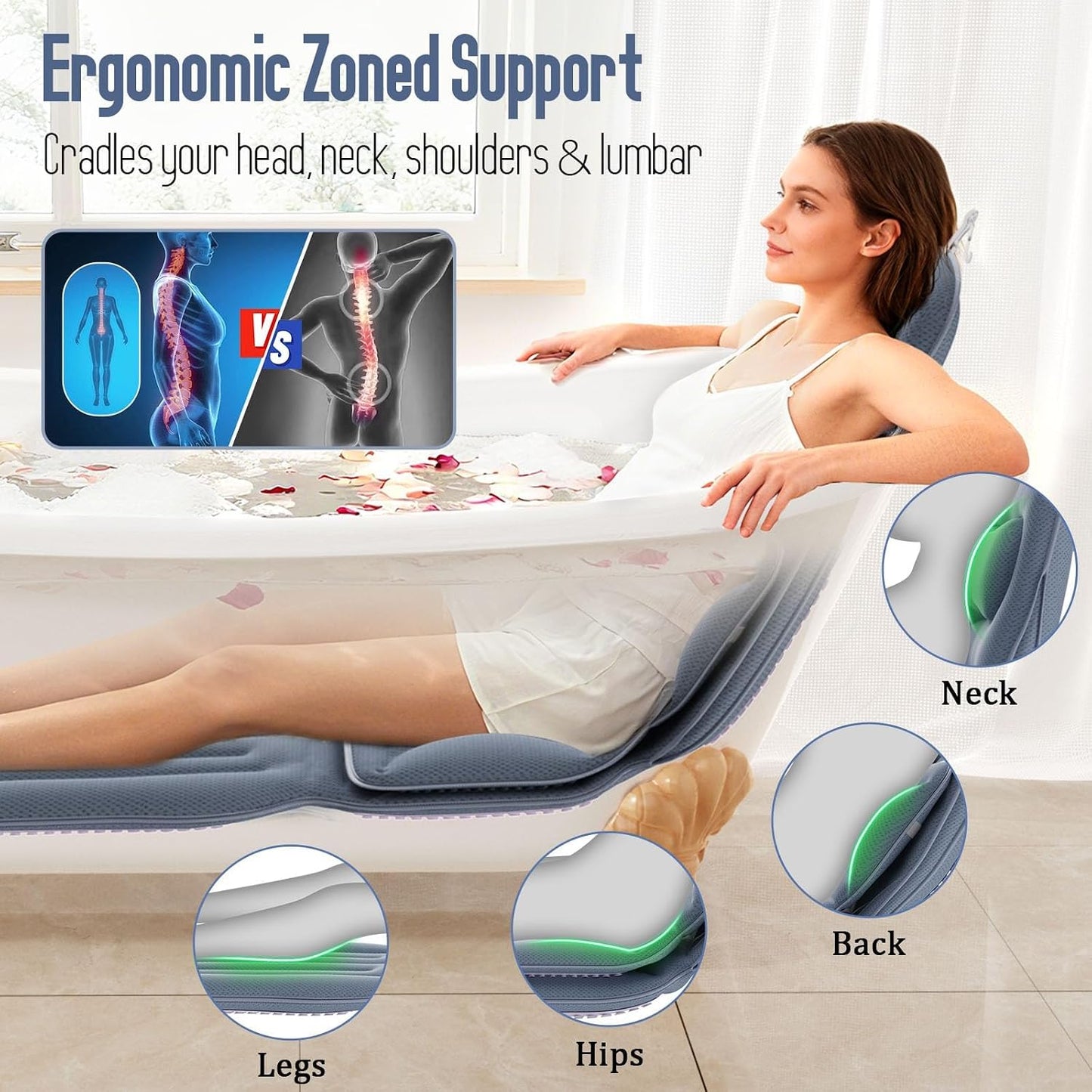 Luxury Full Body Bathtub Pillow 6D Air Mesh,Extra Long Bath Pillow for Tub Non Slip,Soft Relax Tub Pillow for Bath Head Neck Back Waist Support,Large Thick Spa Bathtub Cushion (Gray)