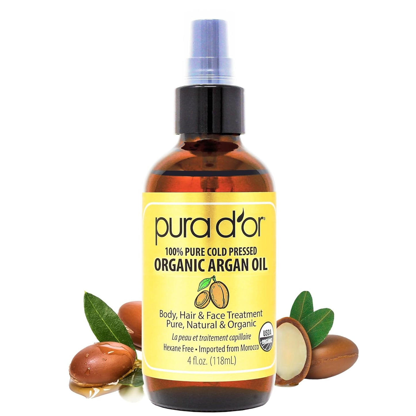 PURA D'OR USDA Organic Moroccan Argan Oil–100% Pure Cold-Pressed Virgin Grade–Treatment for Hair, Skin, Face, Body– Helps Dry Skin, Scalp Care, Split Ends, Nails & Cuticles 4 Oz - Hair Regrowth Tonic