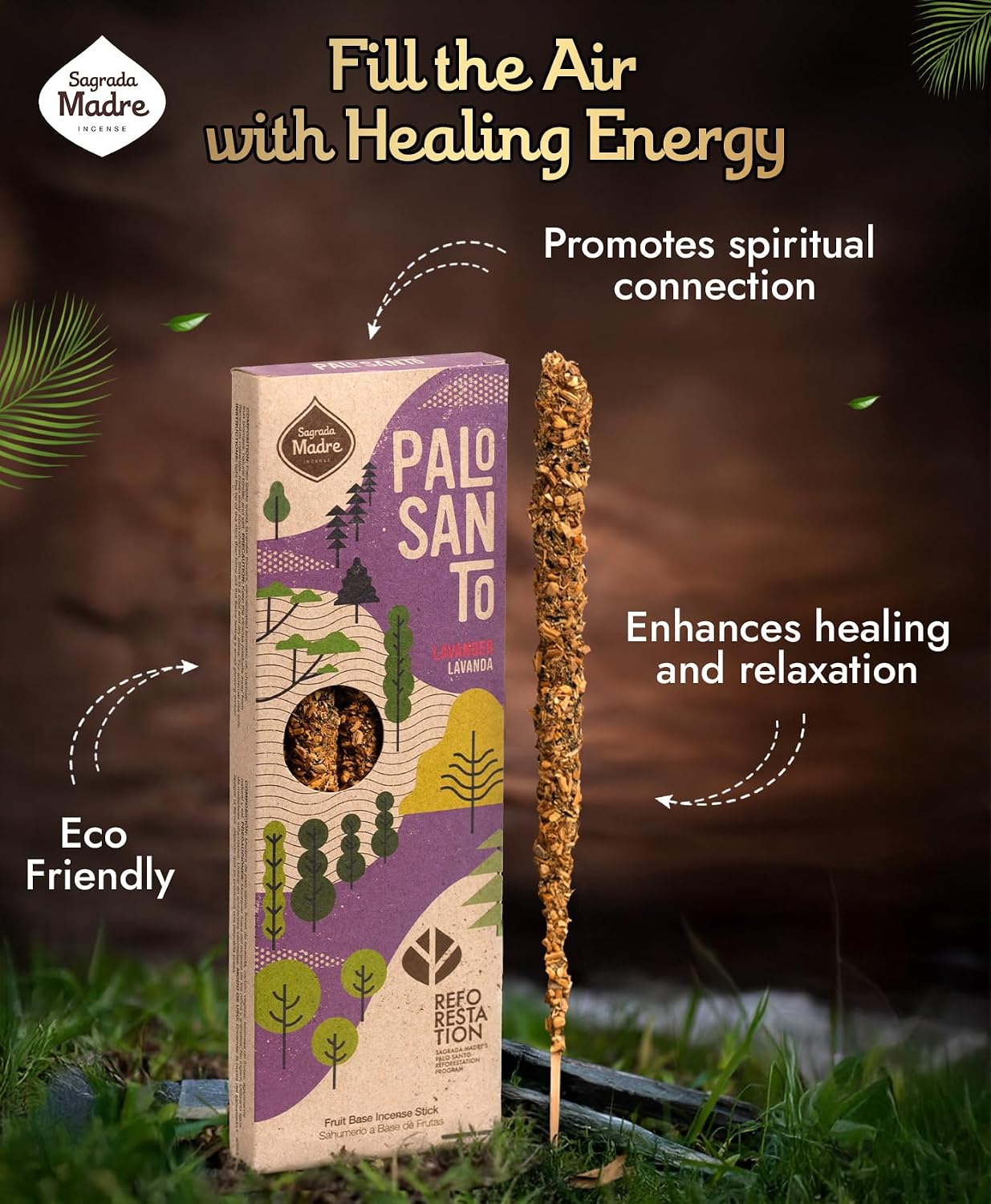 Sagrada Madre 4pcs Wildly Harvested Palo Santo Incense Sticks (Lavender), 6.7” Long - Non-Toxic, Aromatic Incense Sticks (50 min Approx. Burning Time) to Heal & Calm Your Body and Environment